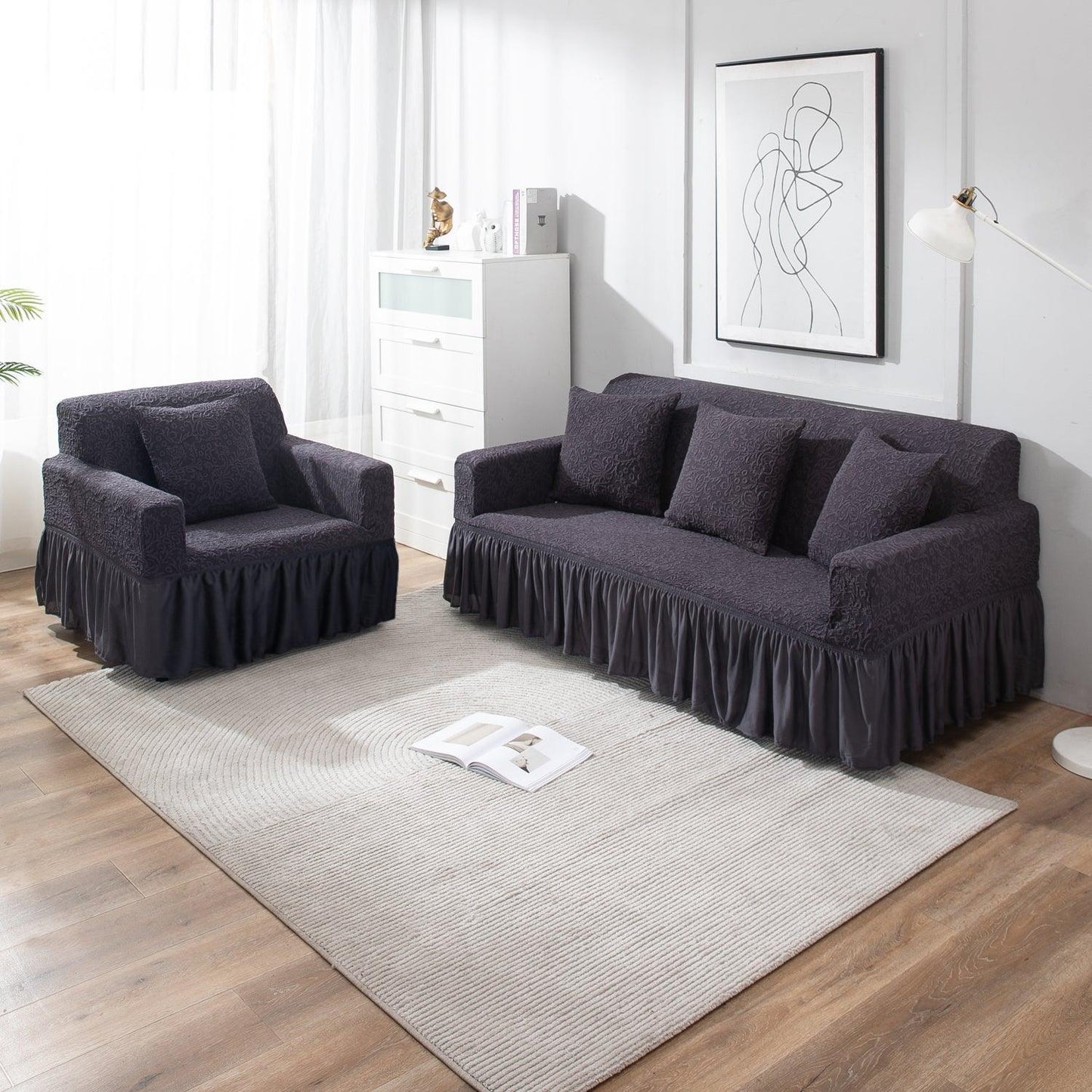 Abbey Grey designer woven jacquard frill sofa cover 3 1 1