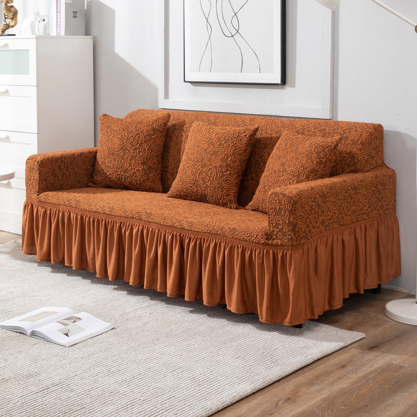 Caramel Brown elegant 3 seater designer woven jacquard stretchable frill sofa cover