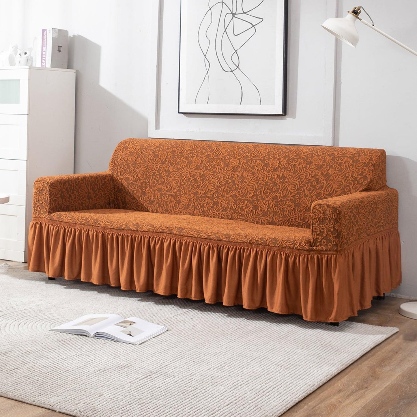 Caramel Brown 4 seater designer woven jacquard elastic frill sofa cover