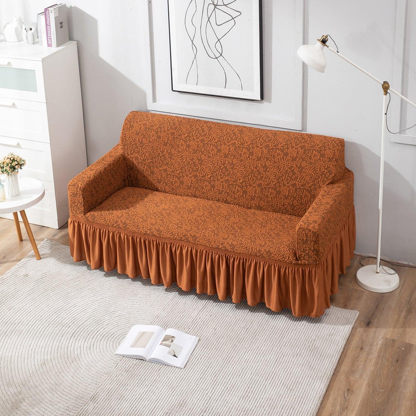 Caramel Brown 2 seater designer woven jacquard elastic frill sofa cover