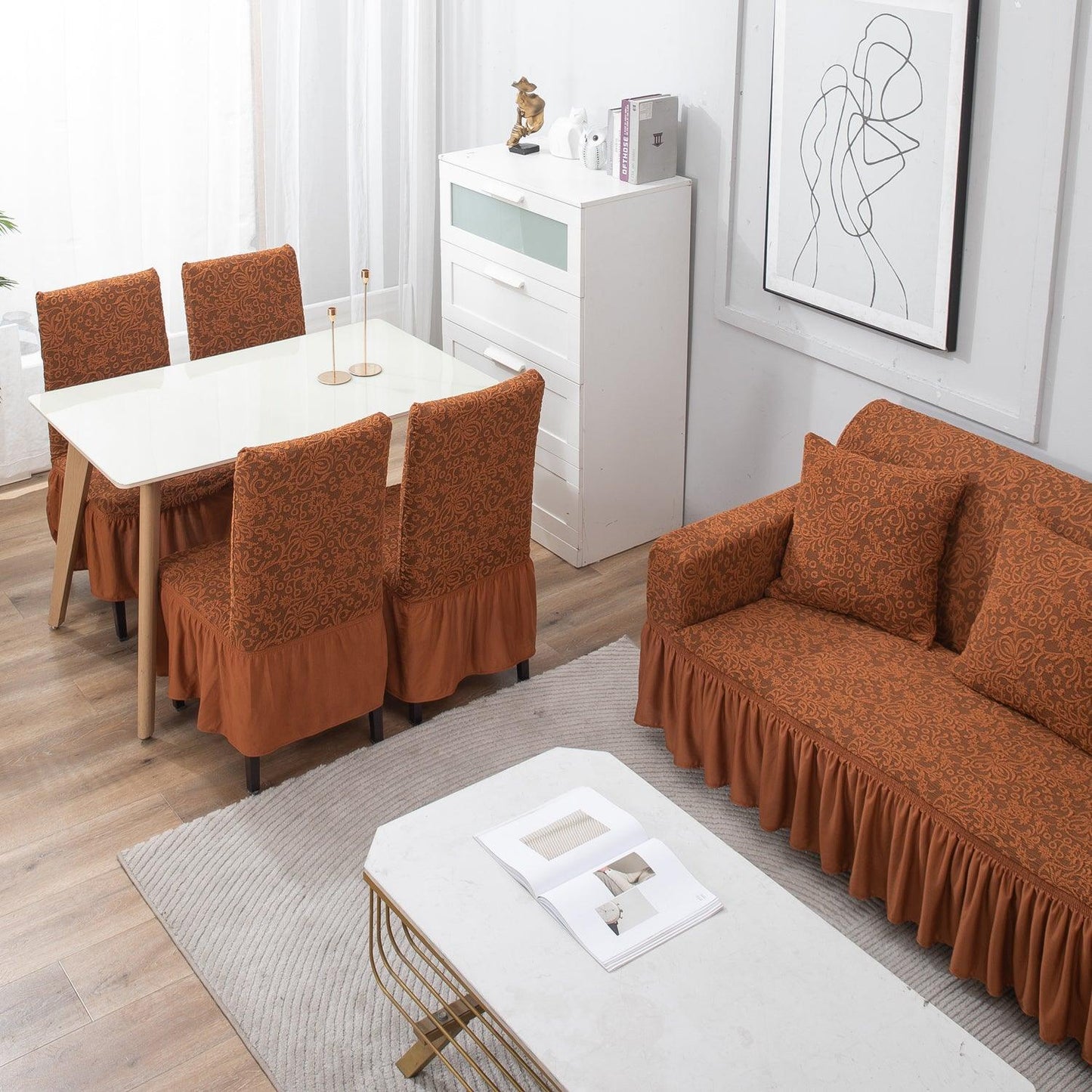 Premium Caramel Brown matching elastic woven jacquard frill covers for chair and sofa