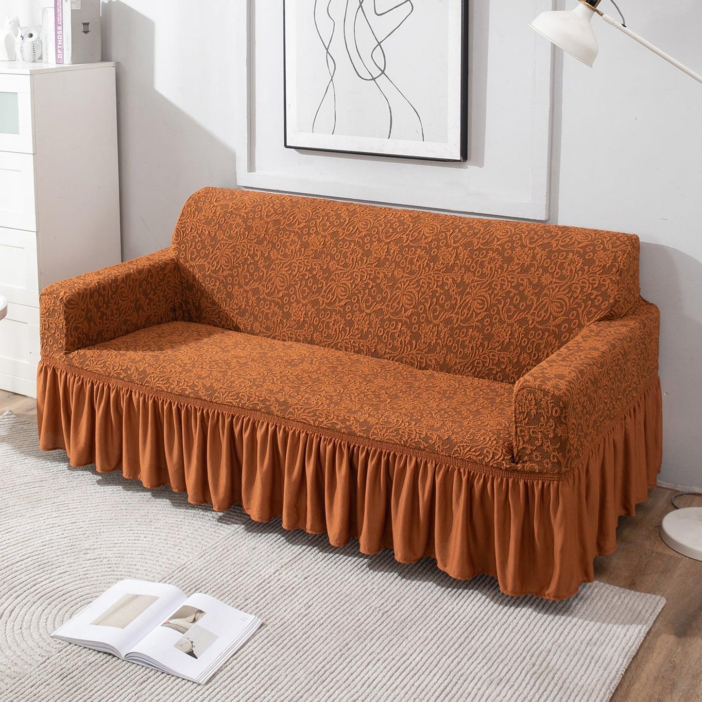 Caramel Brown 3 seater designer woven jacquard elastic frill sofa cover