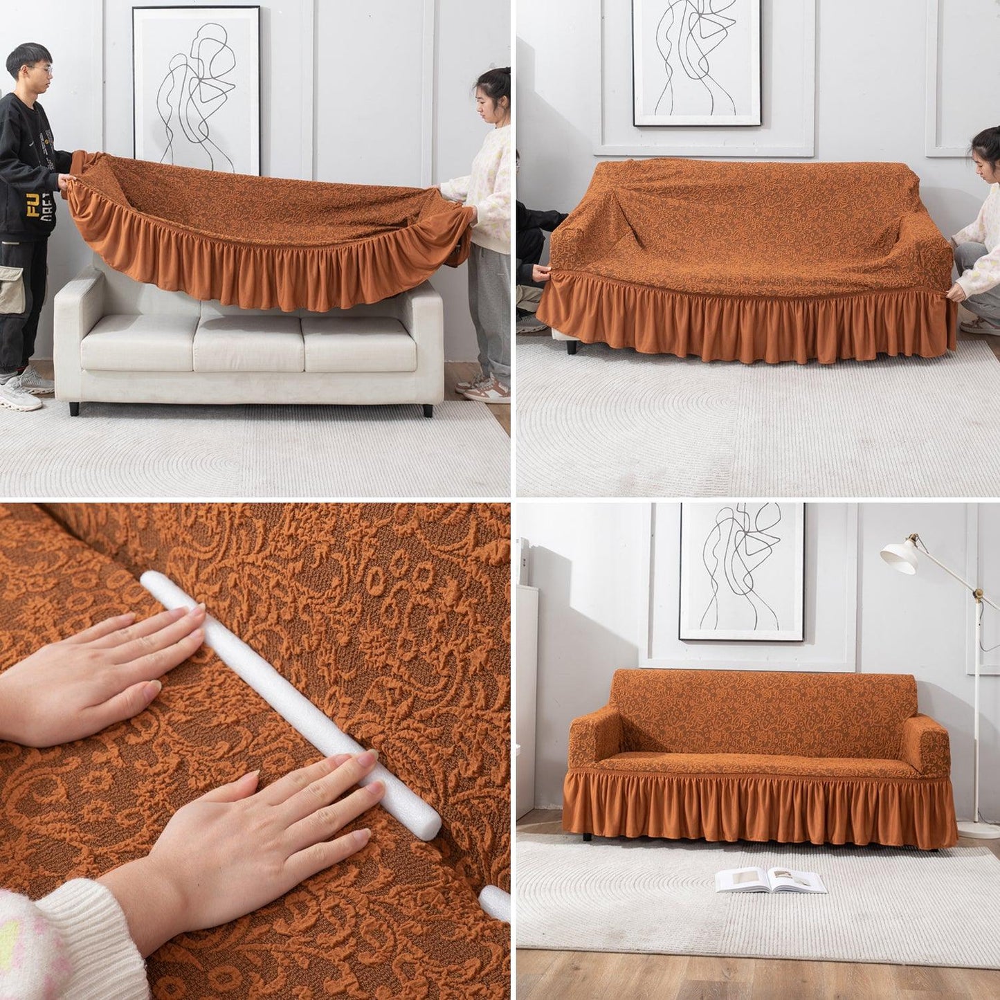 How to put elastic stretchable Caramel Brown designer woven jacquard frill sofa cover guide