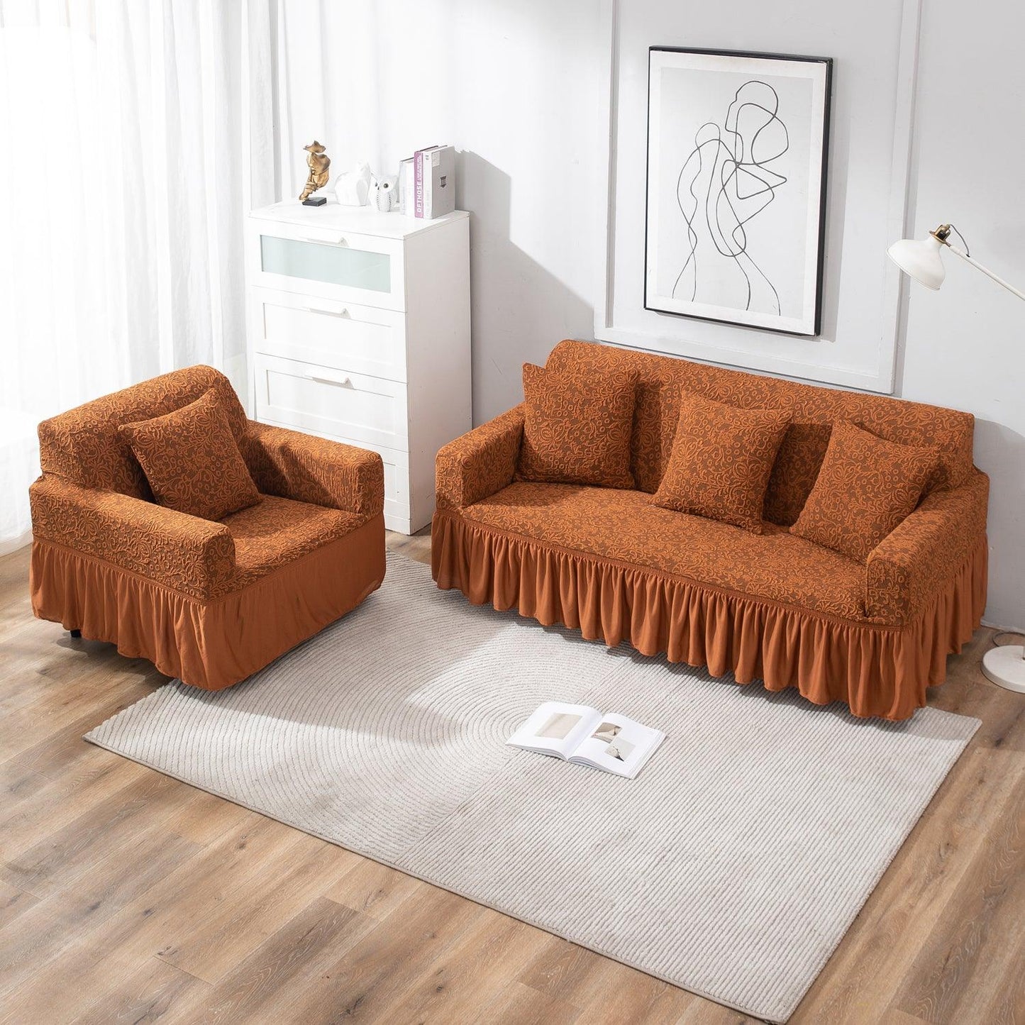 premium Caramel Brown stretchable designer woven jacquard frill sofa cover 3+1+1 seater sofa