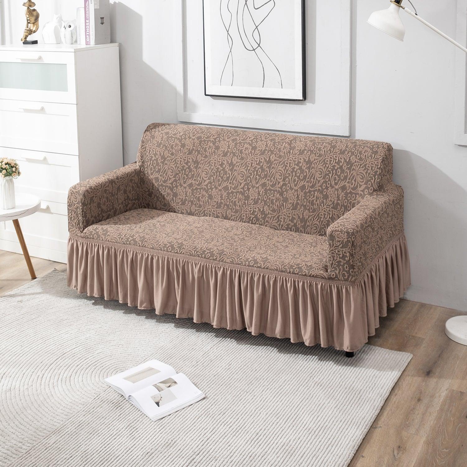 Light Taupe 2 seater designer woven jacquard elastic frill sofa cover