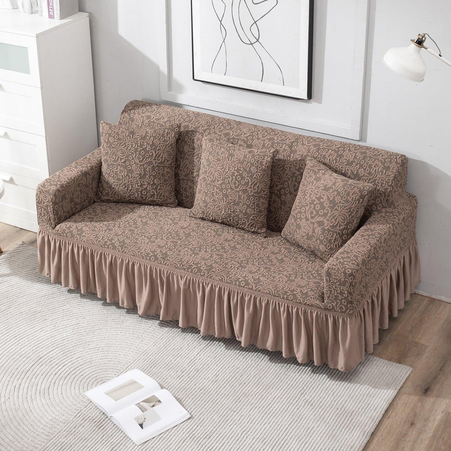 Light Taupe elegant 3 seater designer woven jacquard stretchable frill sofa cover