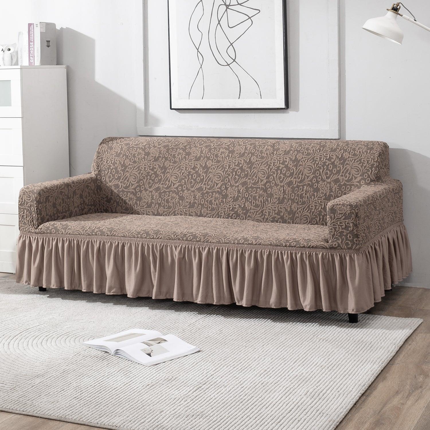 Light Taupe 4 seater designer woven jacquard elastic frill sofa cover
