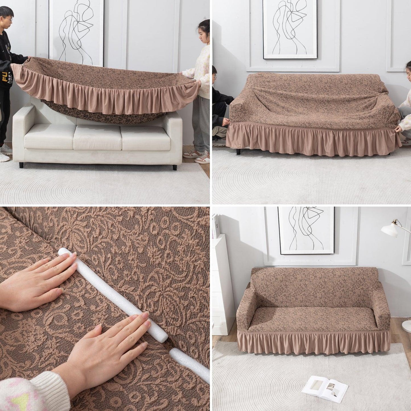How to put elastic stretchable Light Taupe designer woven jacquard frill sofa cover guide