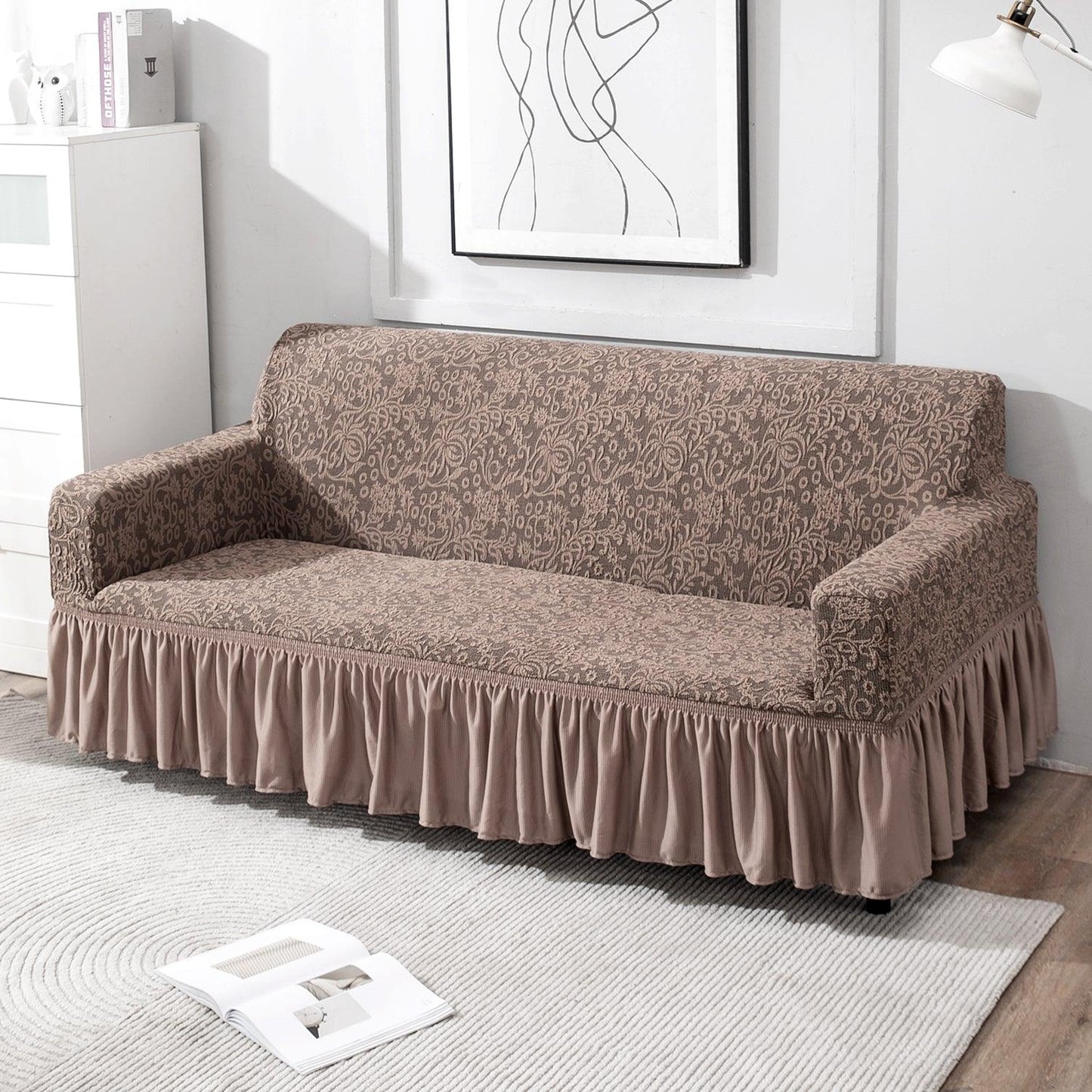 Light Taupe 3 seater designer woven jacquard elastic frill sofa cover