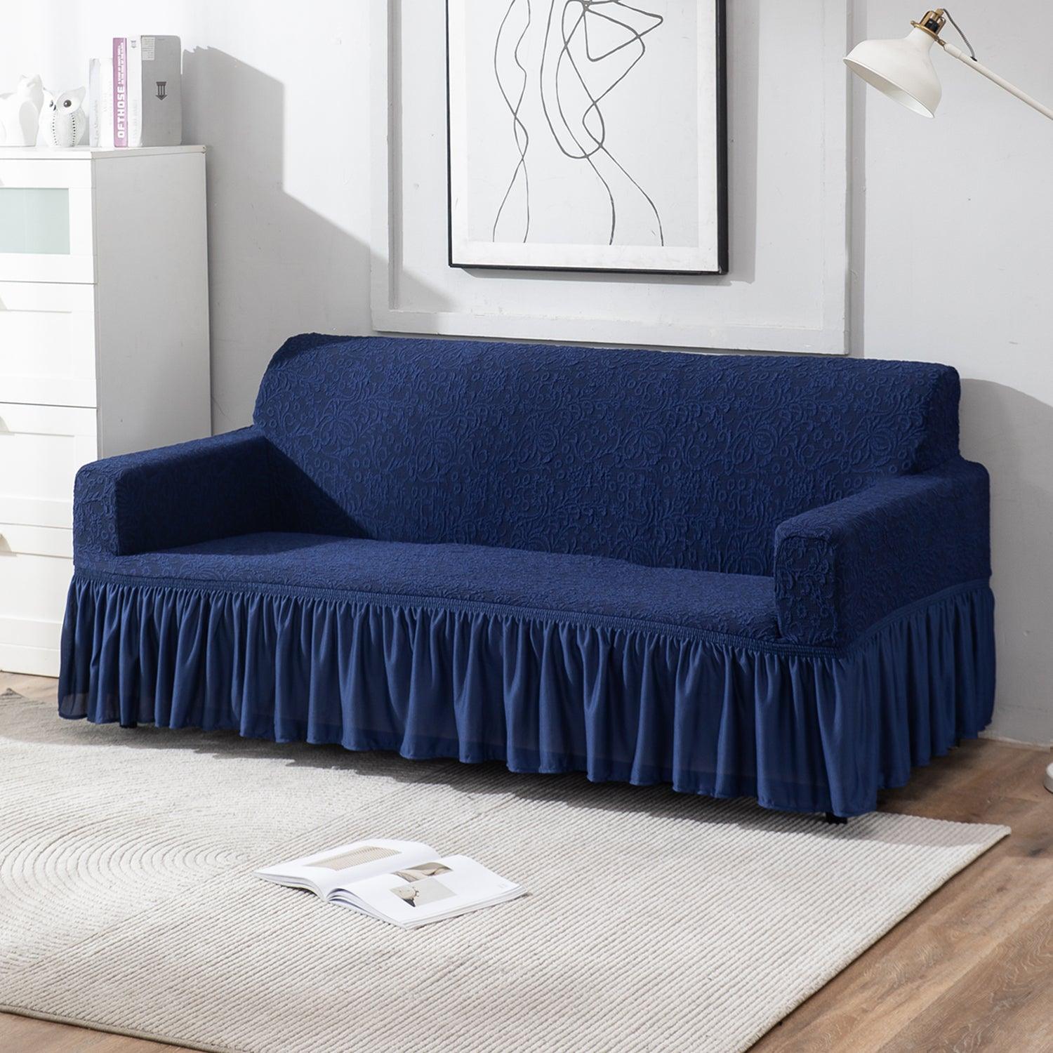 Navy Blue 3 seater designer woven jacquard elastic frill sofa cover