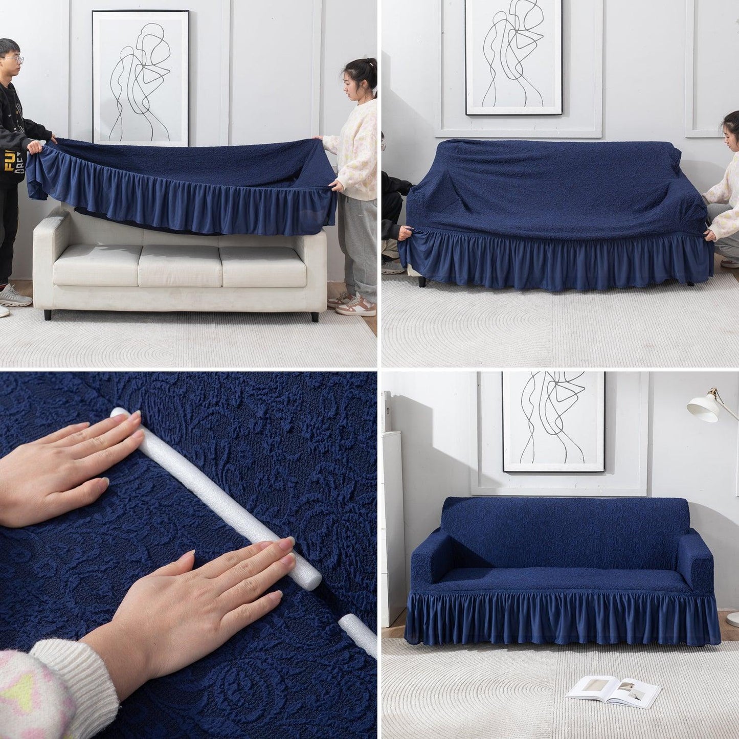 How to put elastic stretchable Navy Blue designer woven jacquard frill sofa cover guide