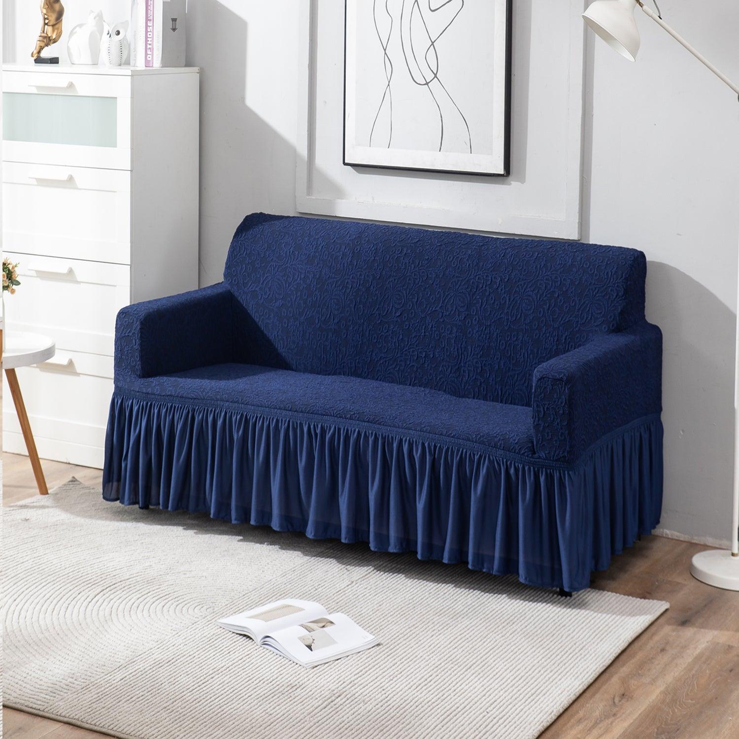 Navy Blue 2 seater designer woven jacquard elastic frill sofa cover