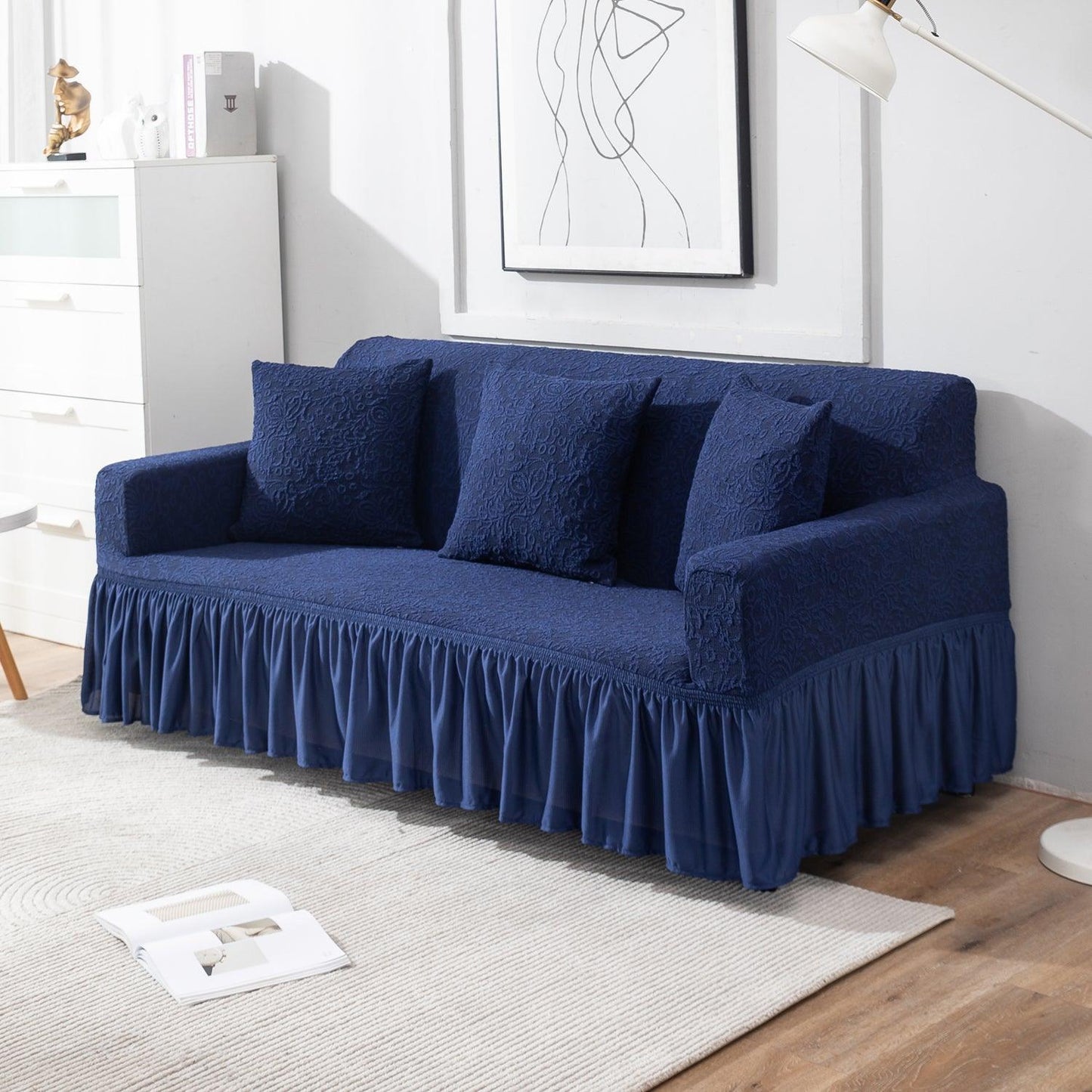 Navy Blue elegant 3 seater designer woven jacquard stretchable frill sofa cover