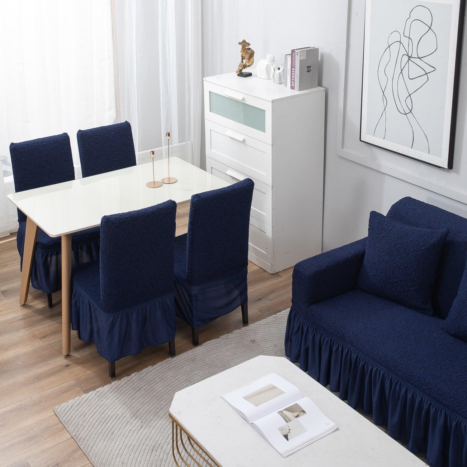 Premium Navy Blue matching elastic woven jacquard frill covers for chair and sofa