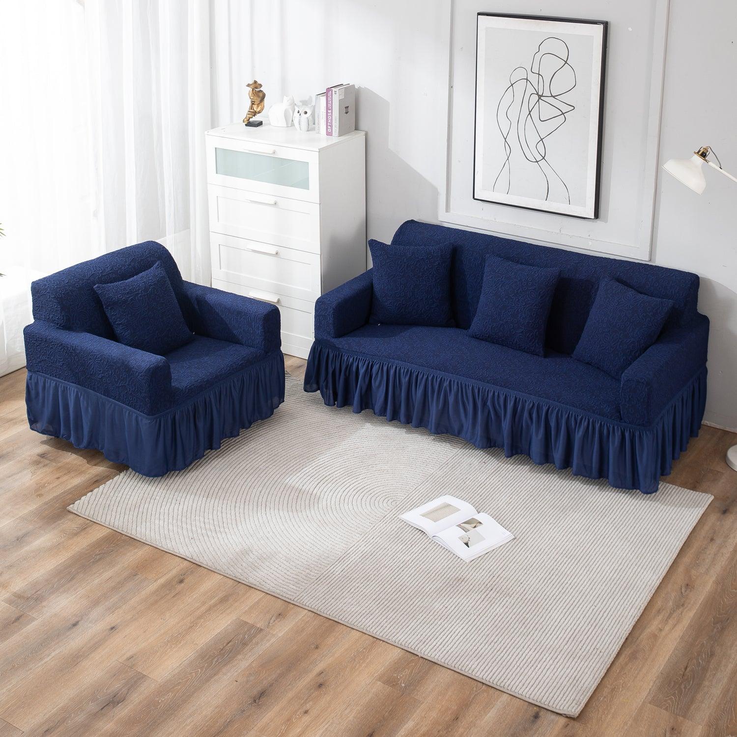 premium Navy Blue stretchable designer woven jacquard frill sofa cover 3+1+1 seater sofa