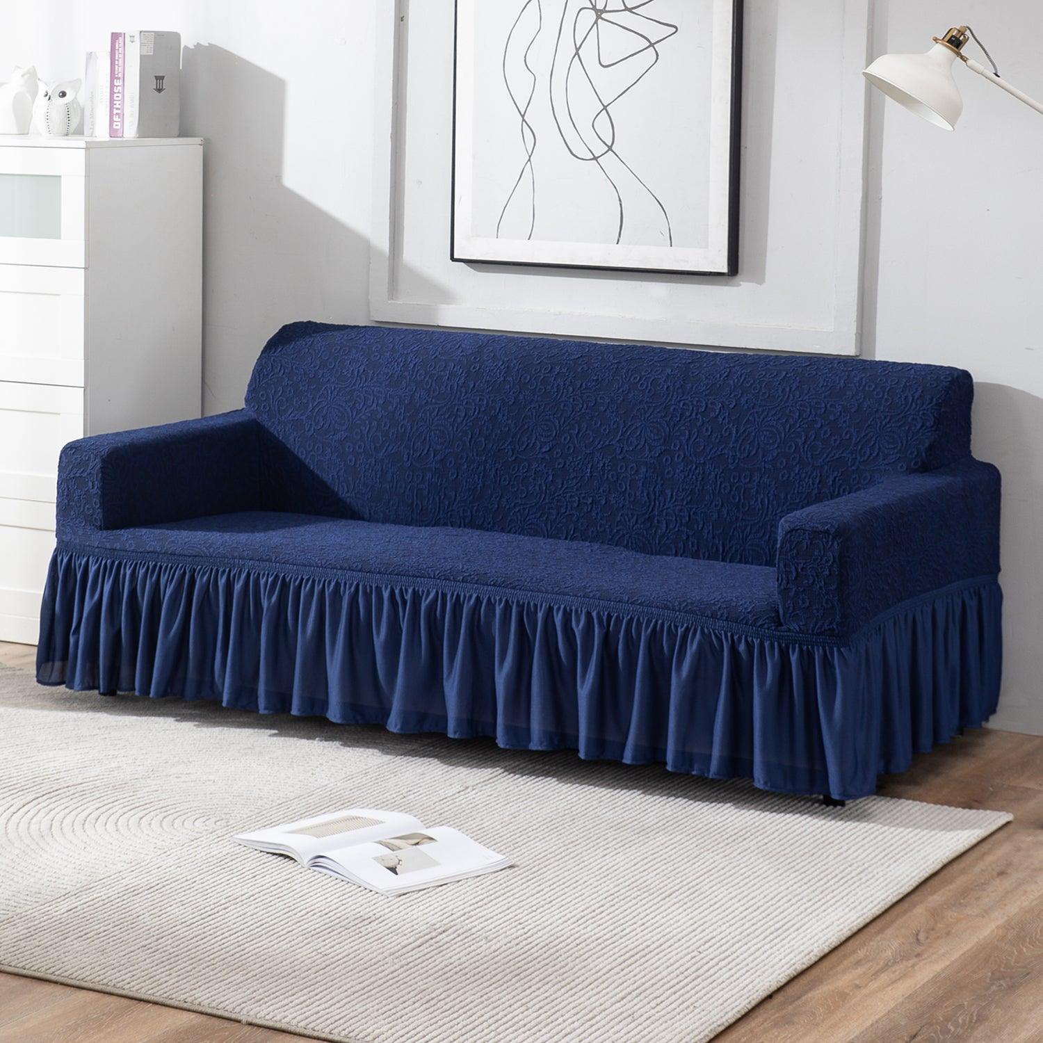 Navy Blue 4 seater designer woven jacquard elastic frill sofa cover