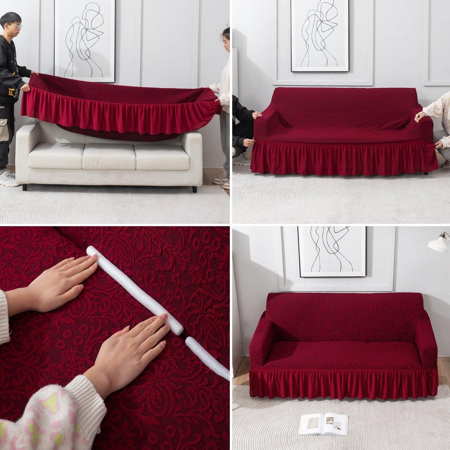 How to put elastic stretchable Wine Red designer woven jacquard frill sofa cover guide