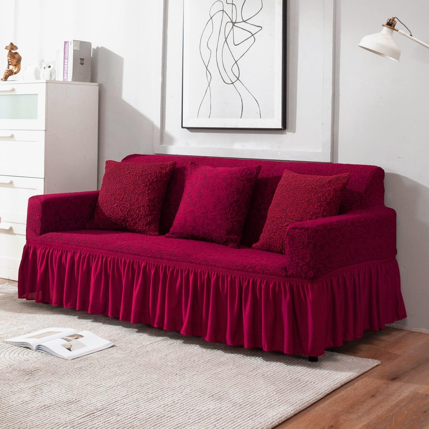Wine Red elegant 3 seater designer woven jacquard stretchable frill sofa cover