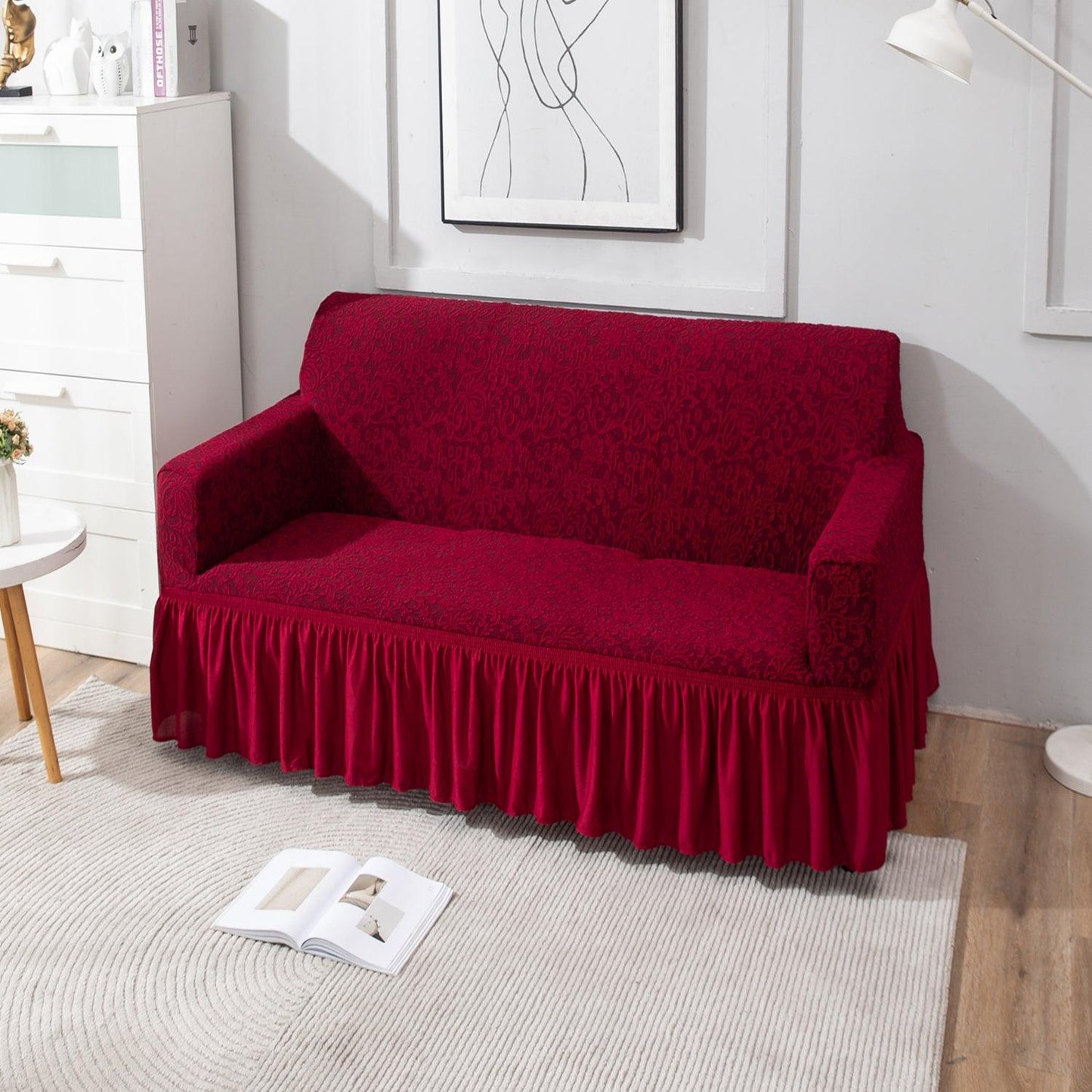 Wine Red 2 seater designer woven jacquard elastic frill sofa cover