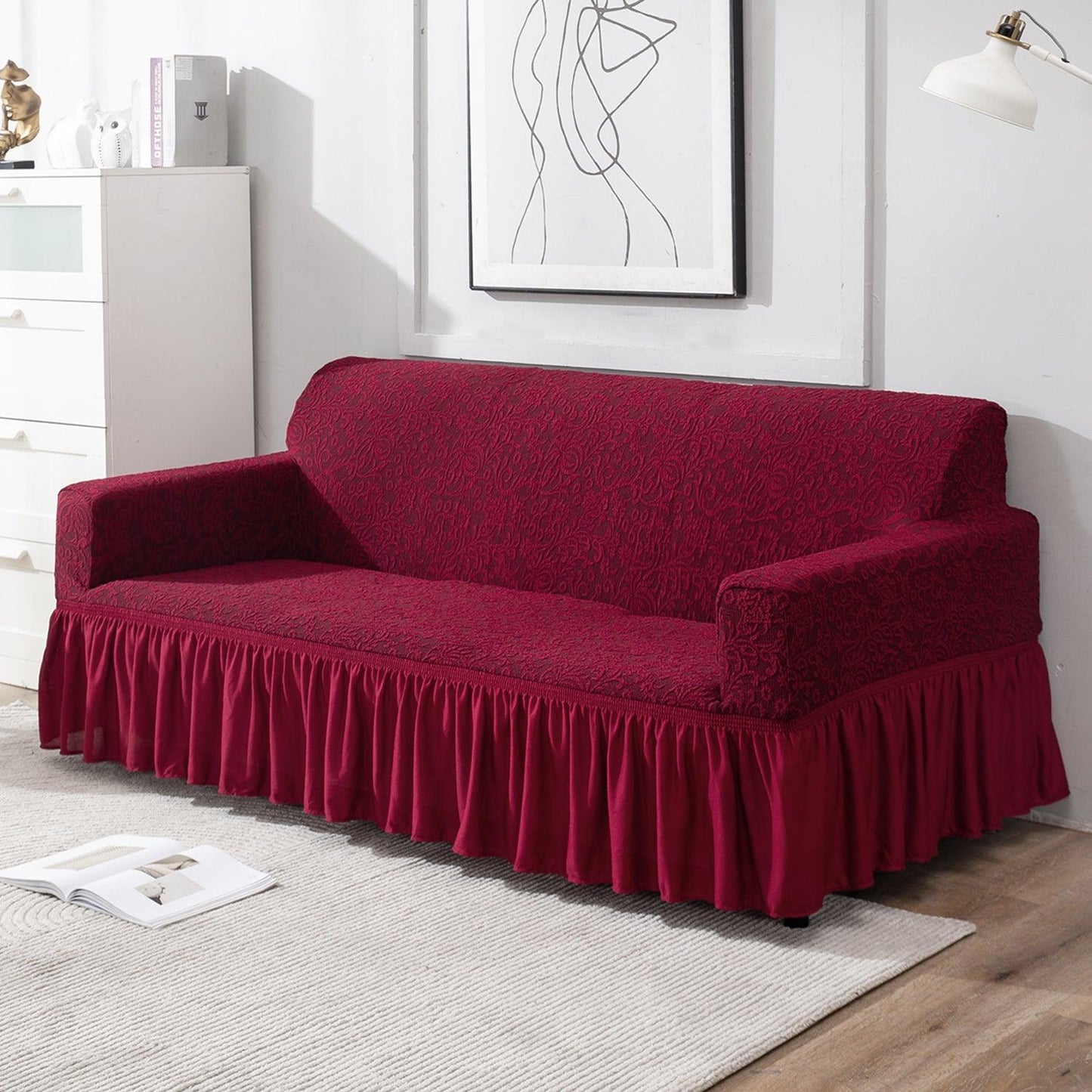 Wine Red 4 seater designer woven jacquard elastic frill sofa cover