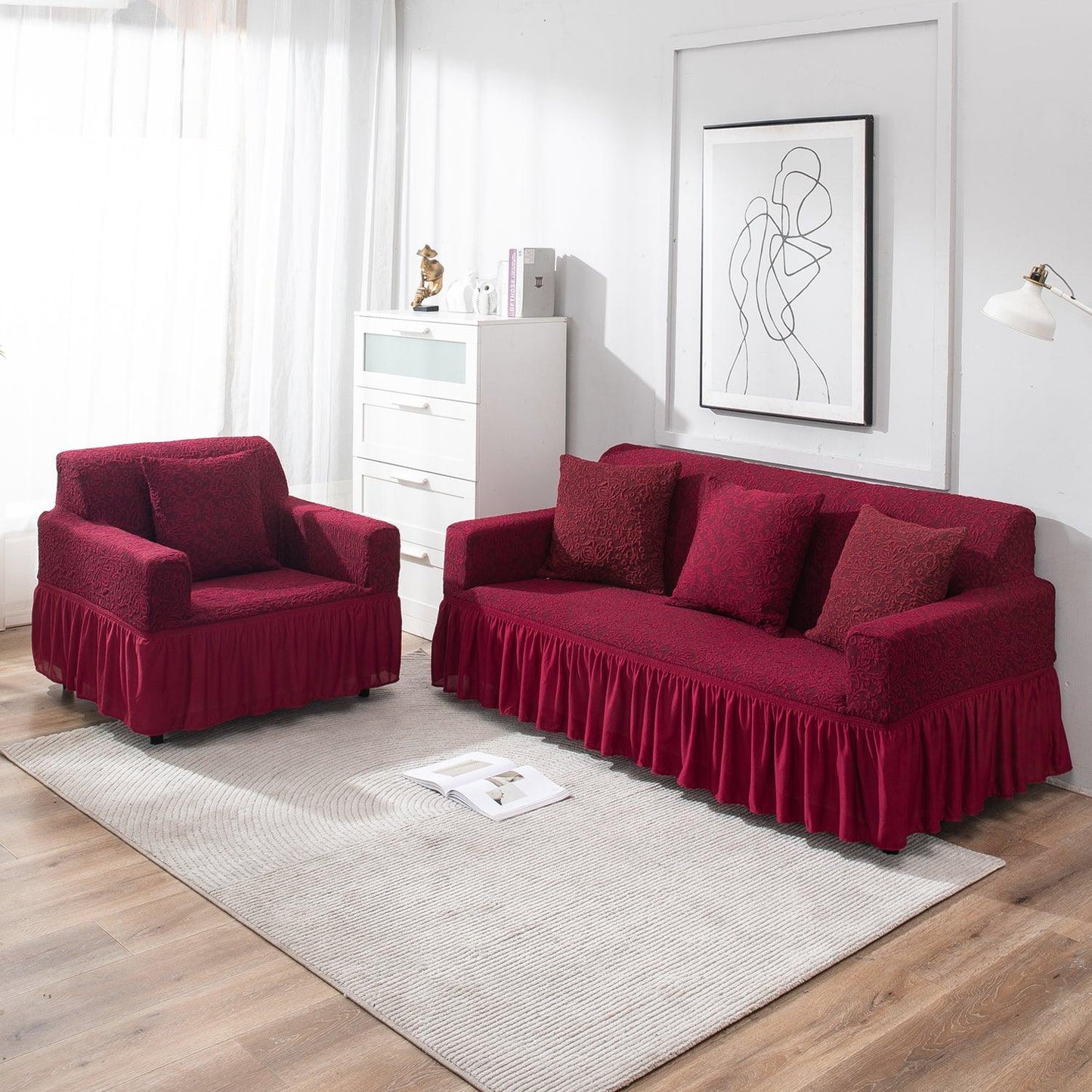premium Wine Red stretchable designer woven jacquard frill sofa cover 3+1+1 seater sofa