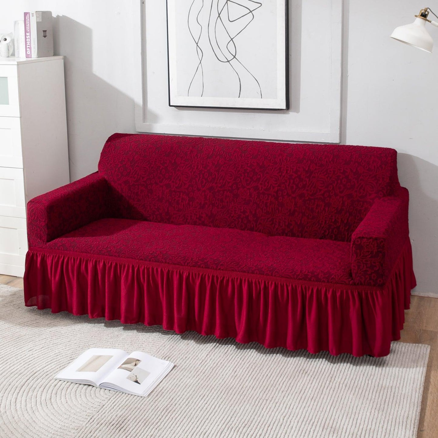 Wine Red 3 seater designer woven jacquard elastic frill sofa cover