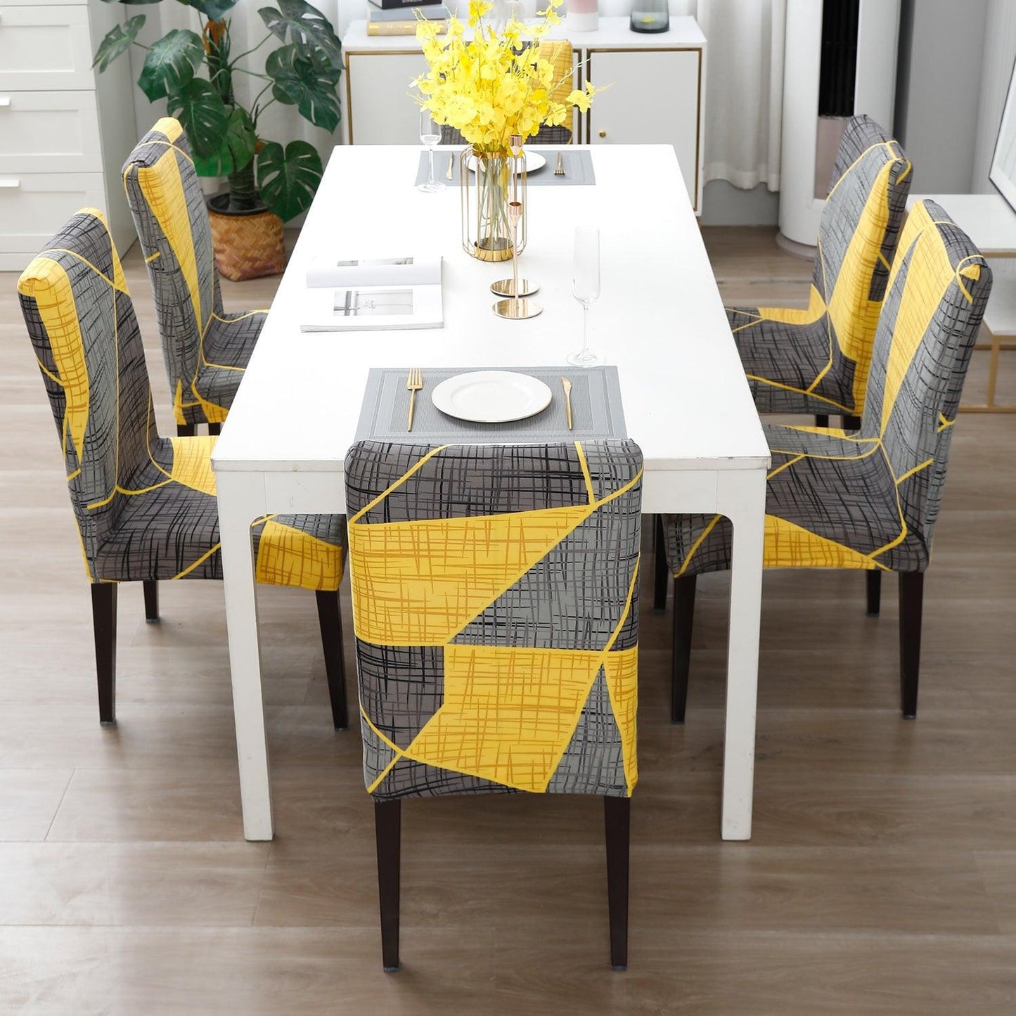 Abstract Grey elastic dining chair covers
