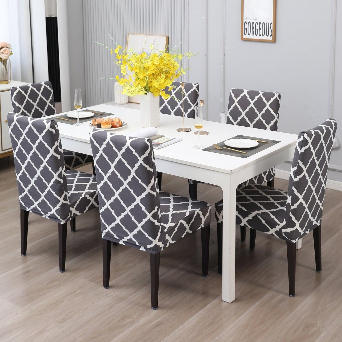 Anchor Grey Moroccan print dining chair covers Set | Hokipo