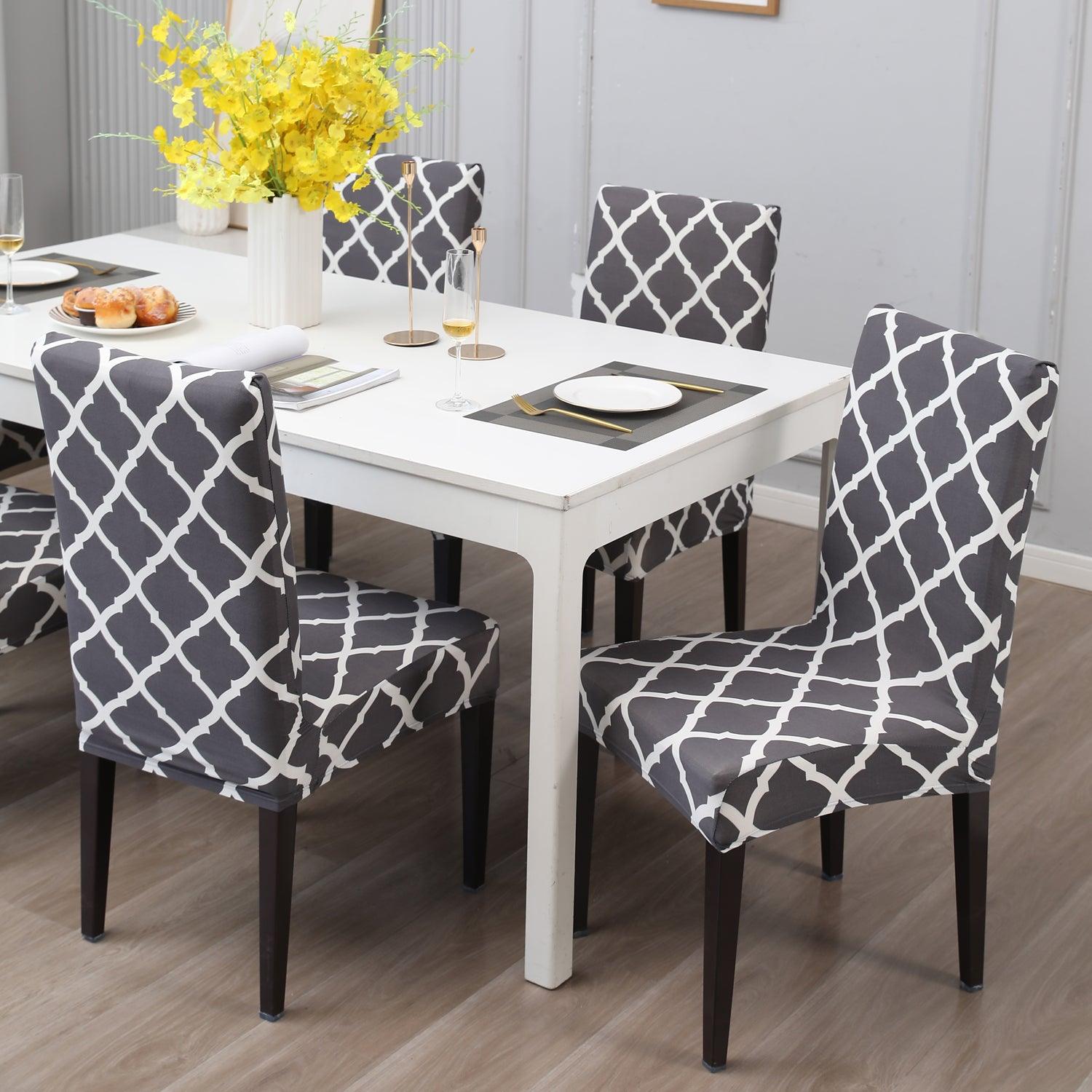 Anchor Grey Moroccan print elastic dining chair covers | Hokipo