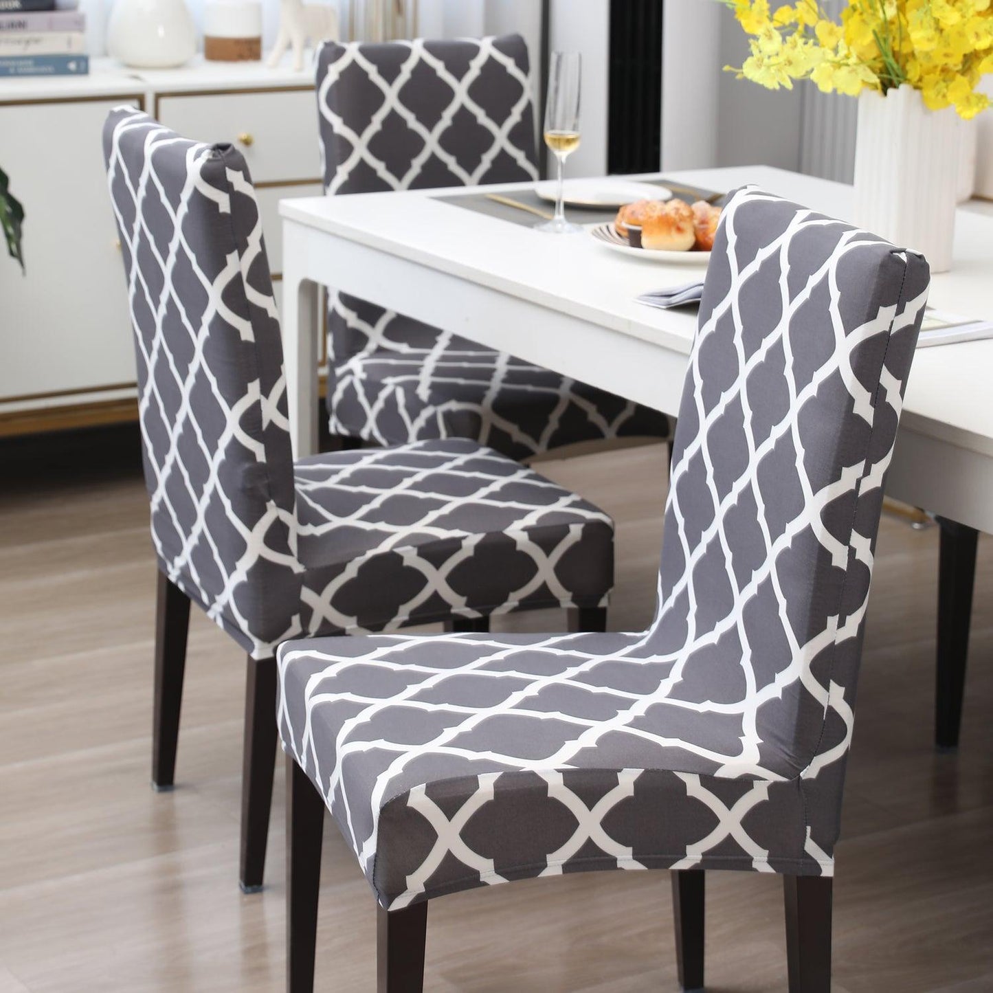 Anchor Grey Moroccan print chair covers for dining chairs | Hokipo