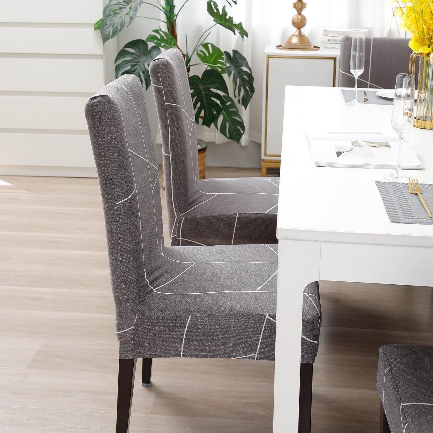 Ash Grey Abstract elastic dining chair covers