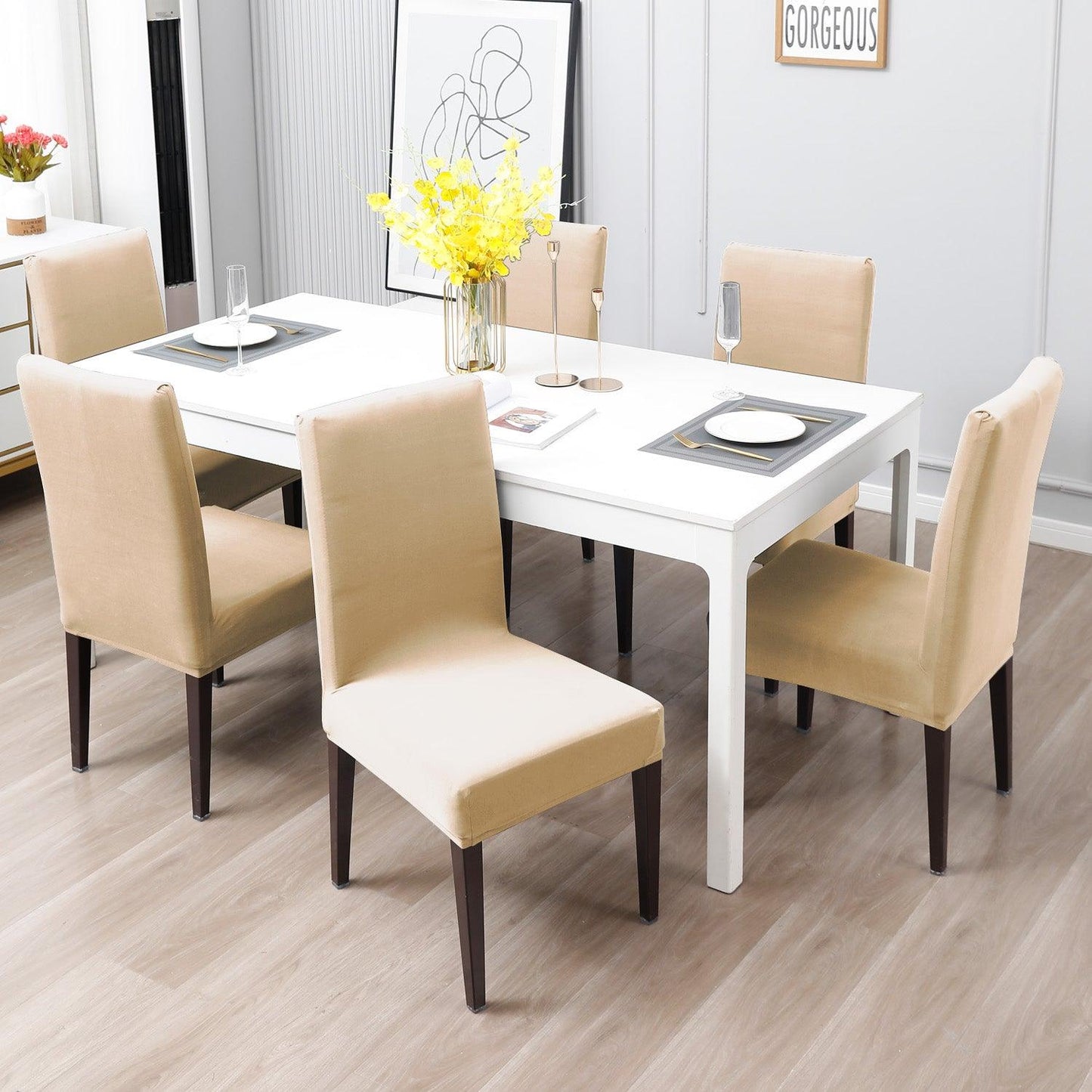 Beige Print dining chair cover 6 seater