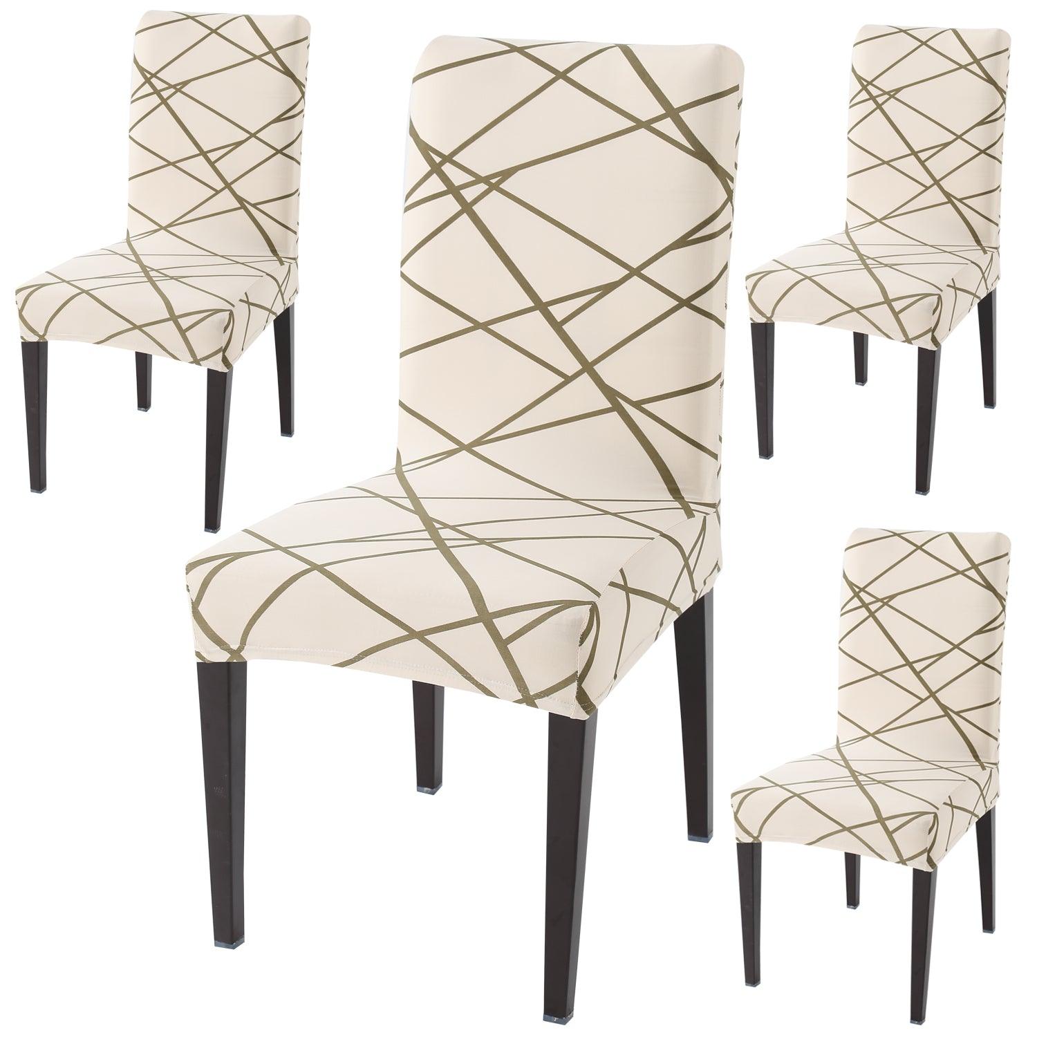 Beige Abstract Line print dining chair covers set of 4 | Hokipo