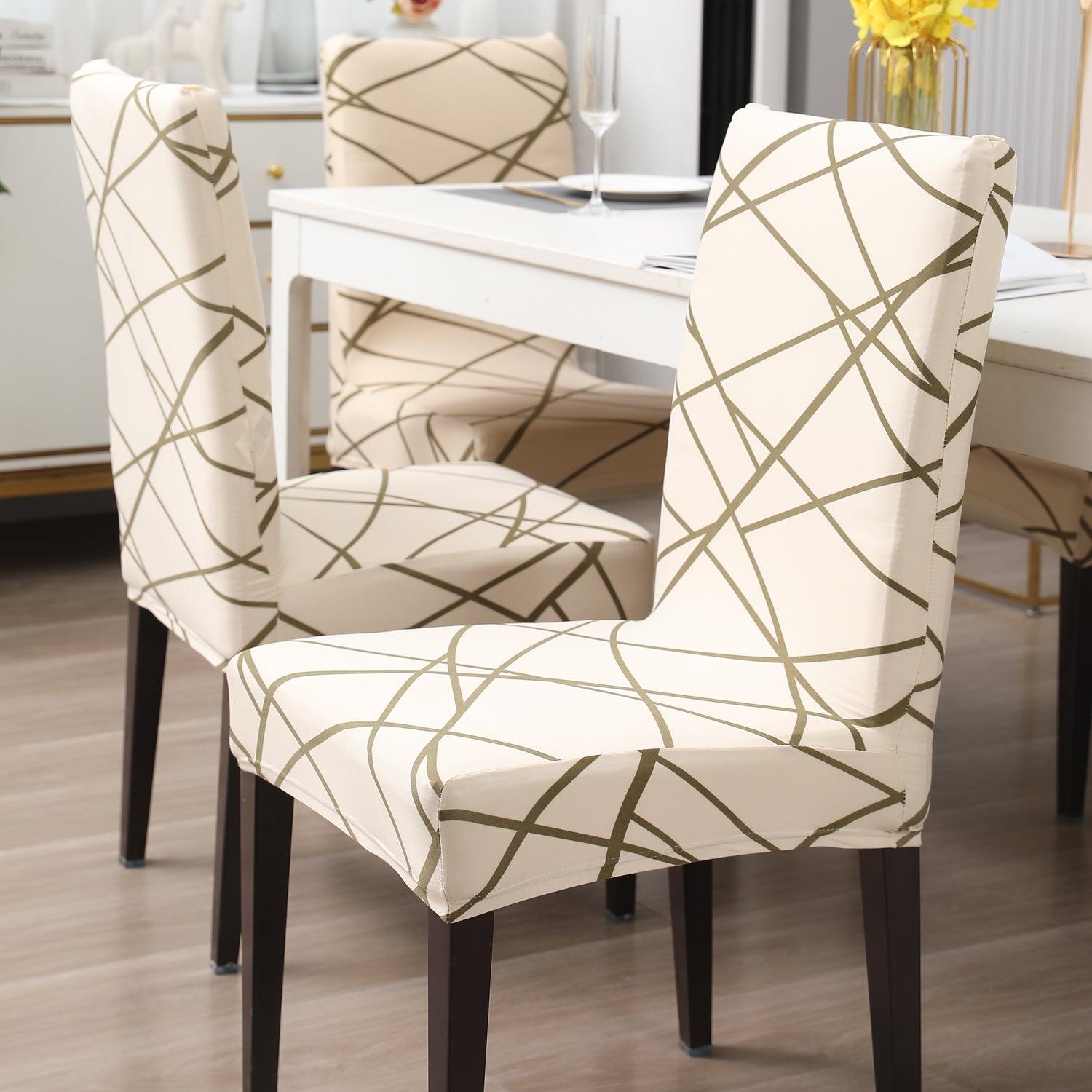 Beige Abstract Line print chair covers for dining chairs | Hokipo