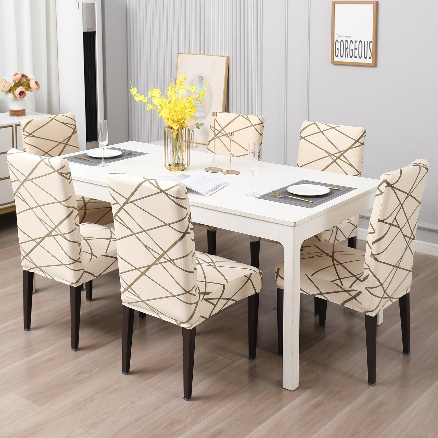 Beige Abstract Line print dining chair covers Set | Hokipo