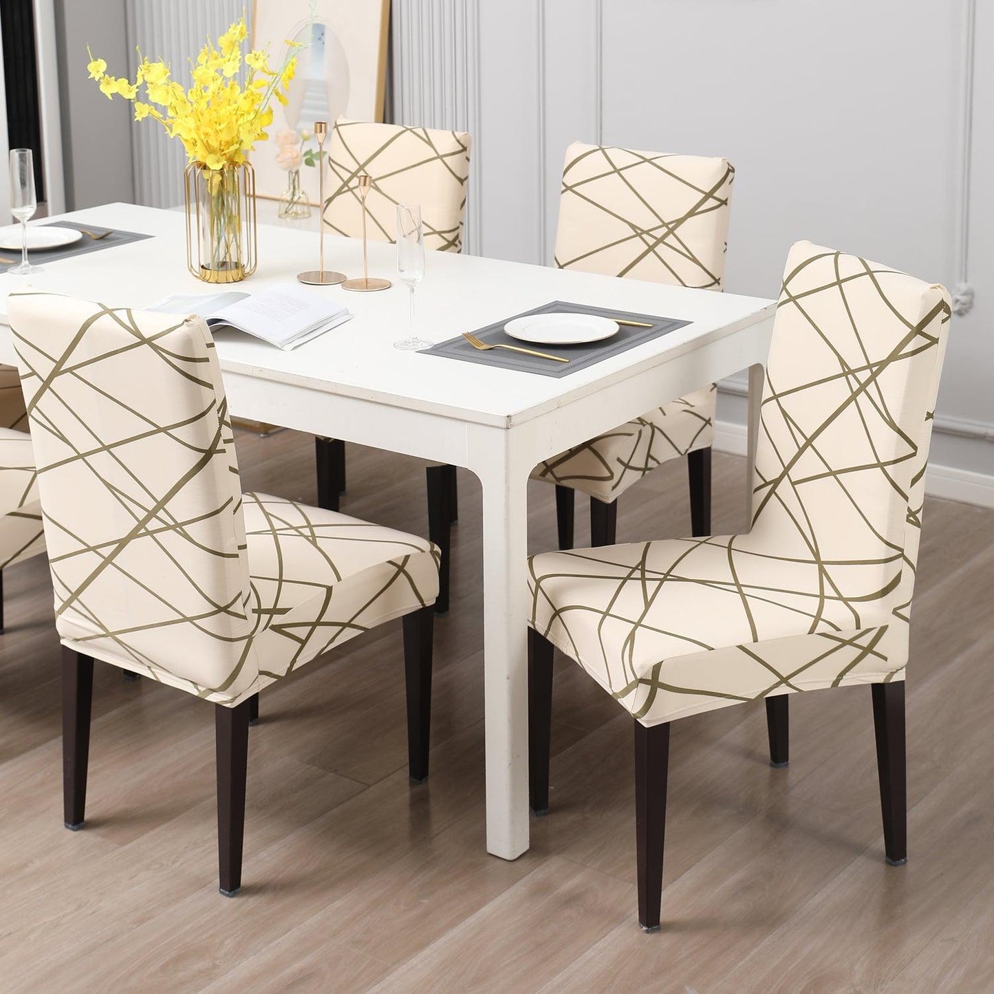 Beige Abstract Line print elastic dining chair covers | Hokipo