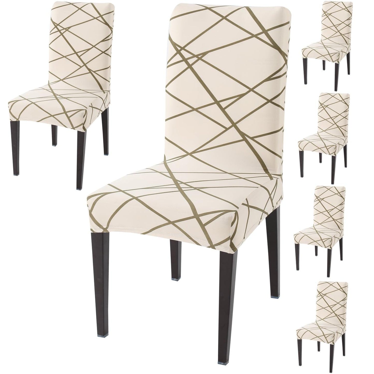 Beige Abstract Line print dining chair covers set of 6 | Hokipo