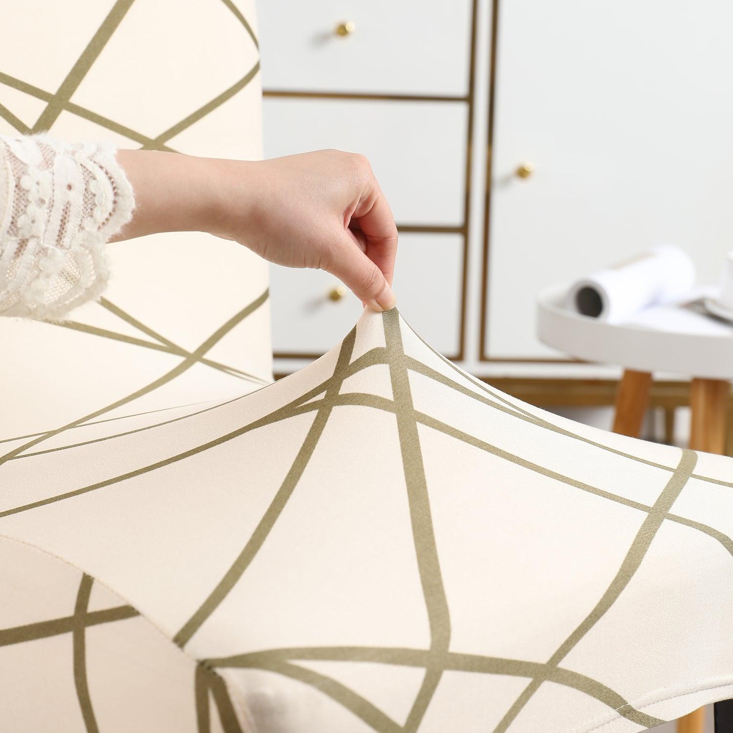 Beige Abstract Line print stretchable dining chair covers | Hokipo