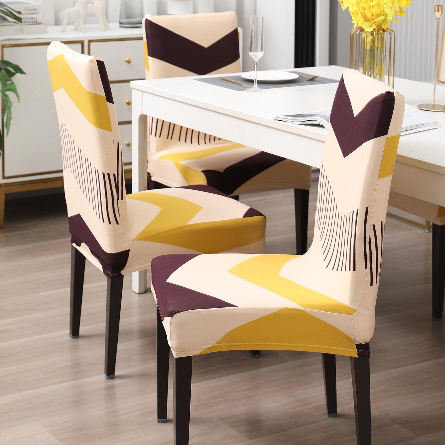 Beige Brown Chevron print chair covers for dining chairs | Hokipo