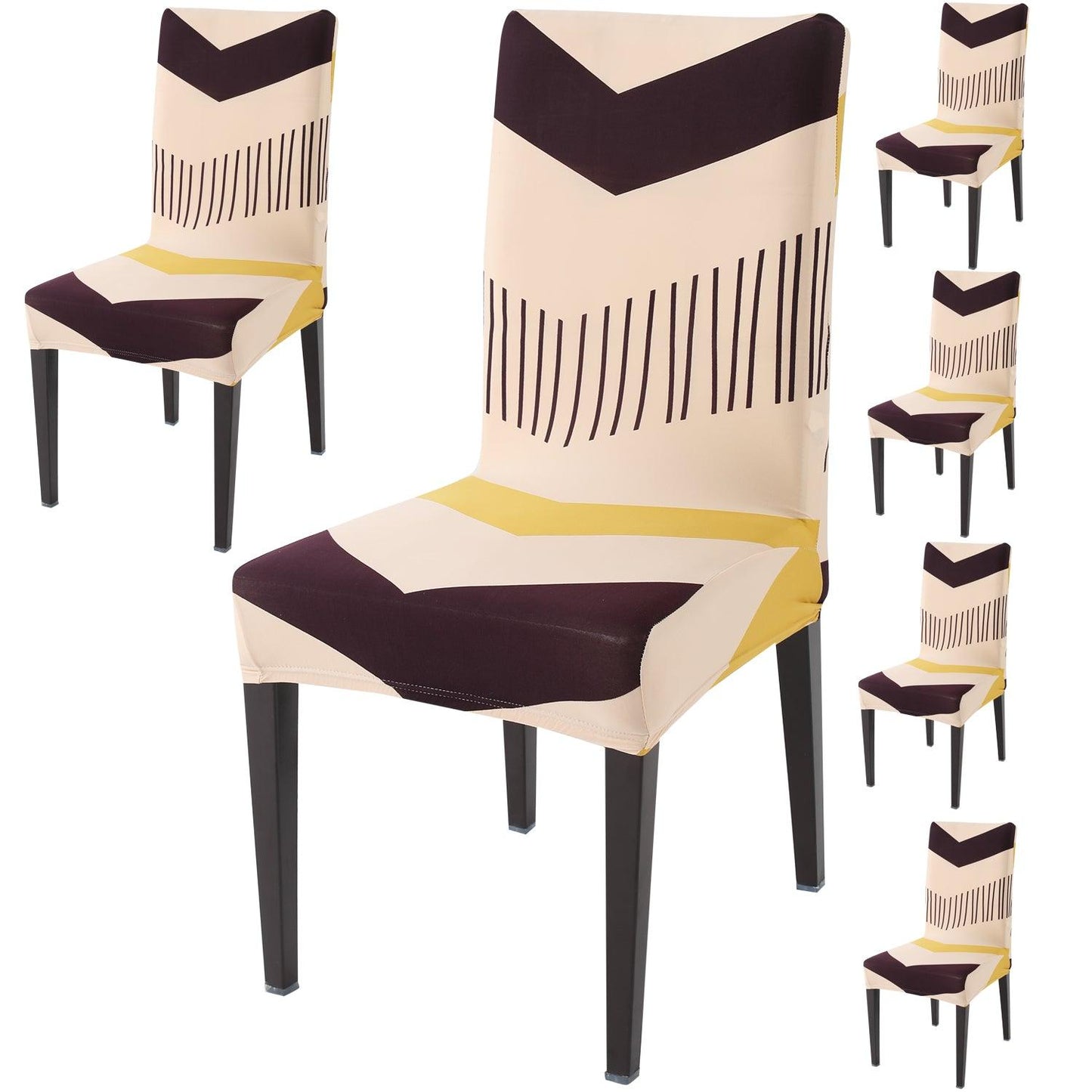 Beige Brown Chevron print dining chair covers set of 6 | Hokipo