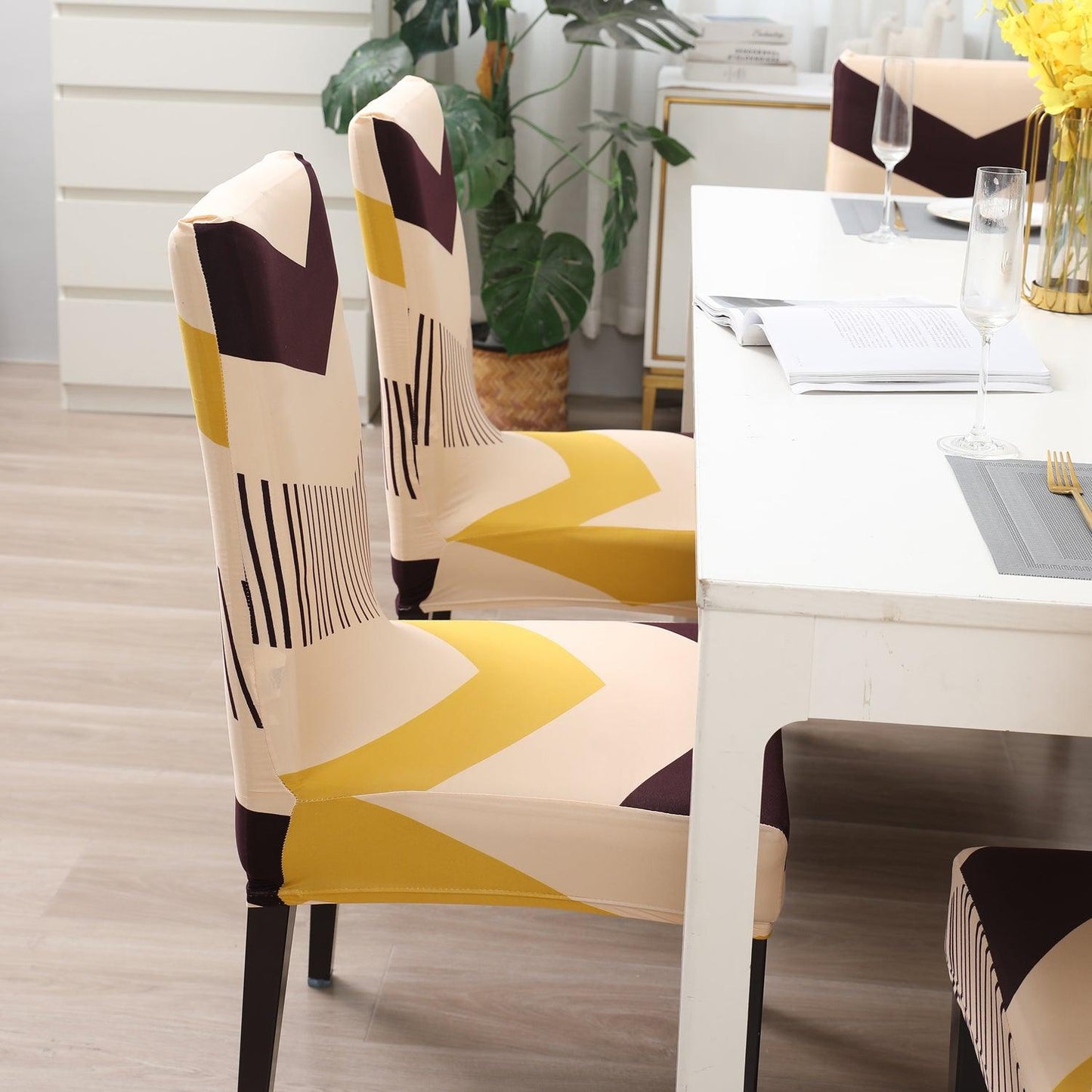 Beige Brown Chevron print stylish chair cover | Hokipo