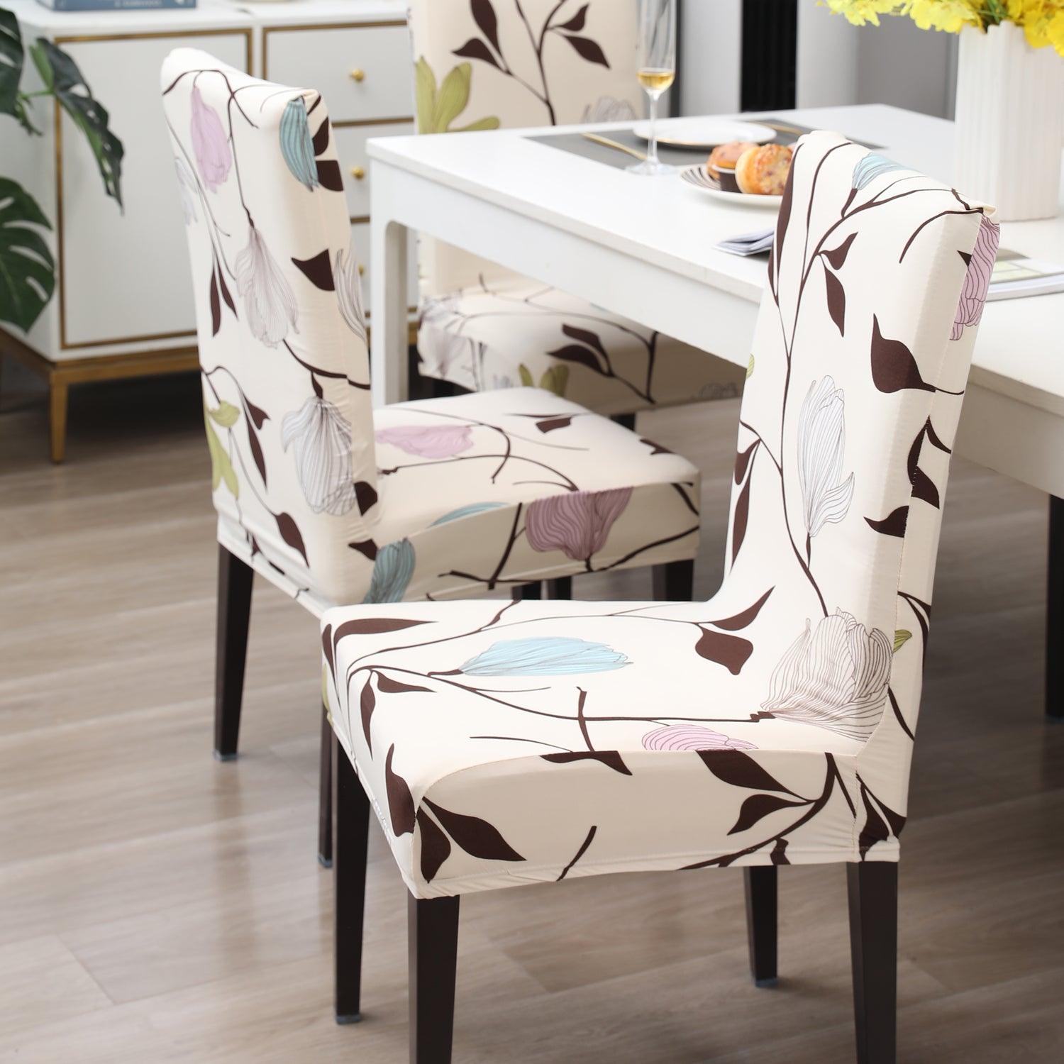 Beige Brown Leaves print elastic dining chair covers | Hokipo