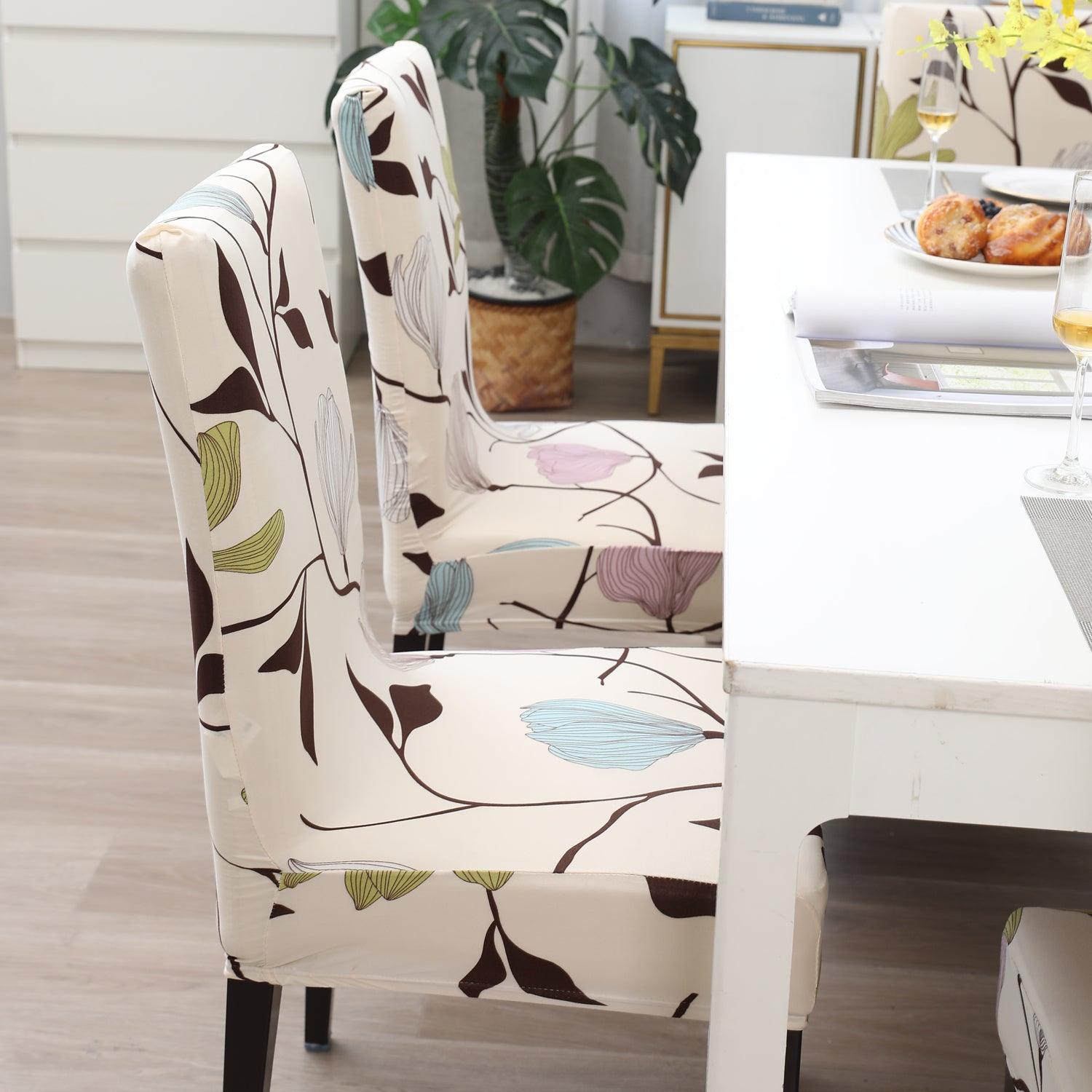 Beige Brown Leaves print stylish chair cover | Hokipo
