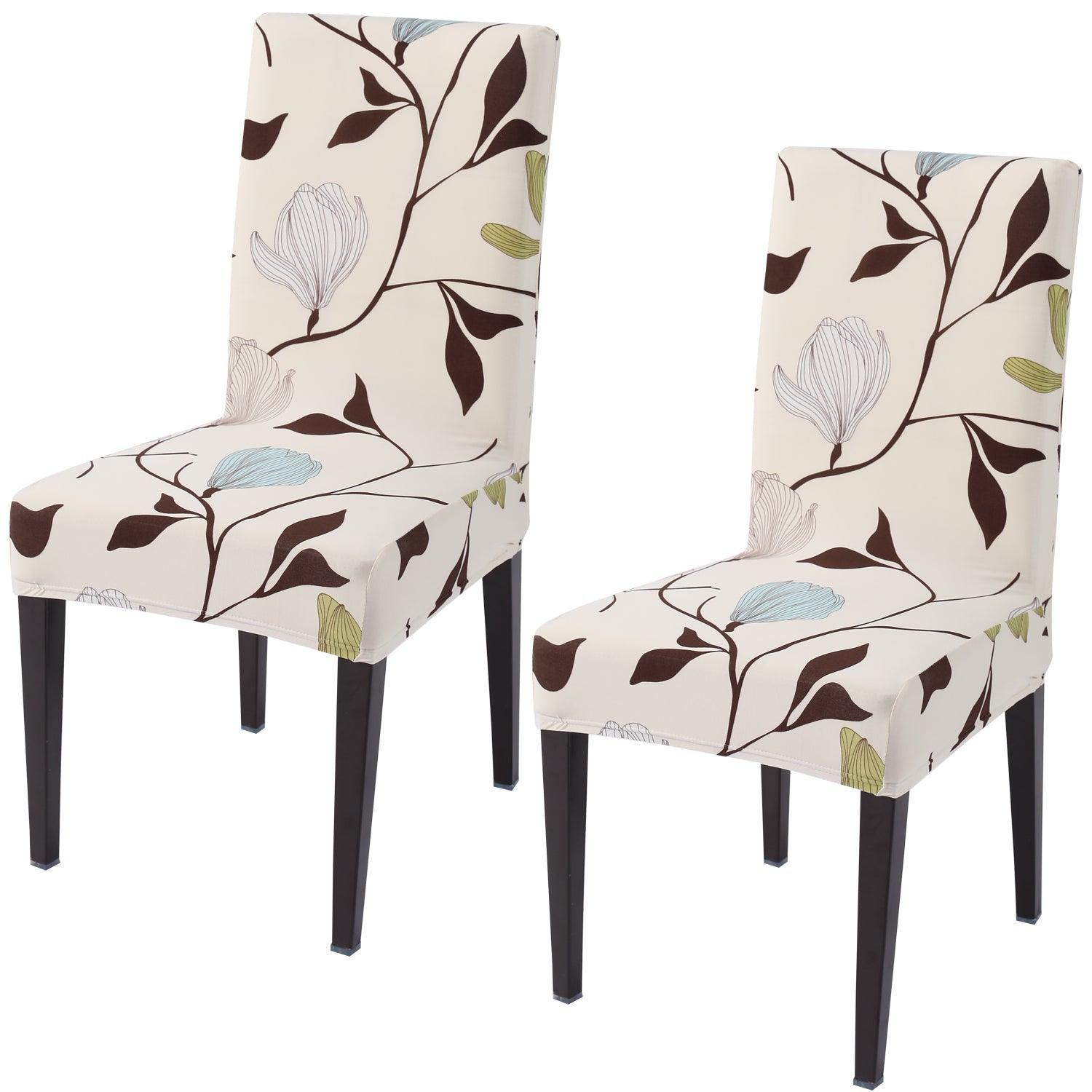 Beige Brown Leaves print elastic chair covers set of 2 | Hokipo