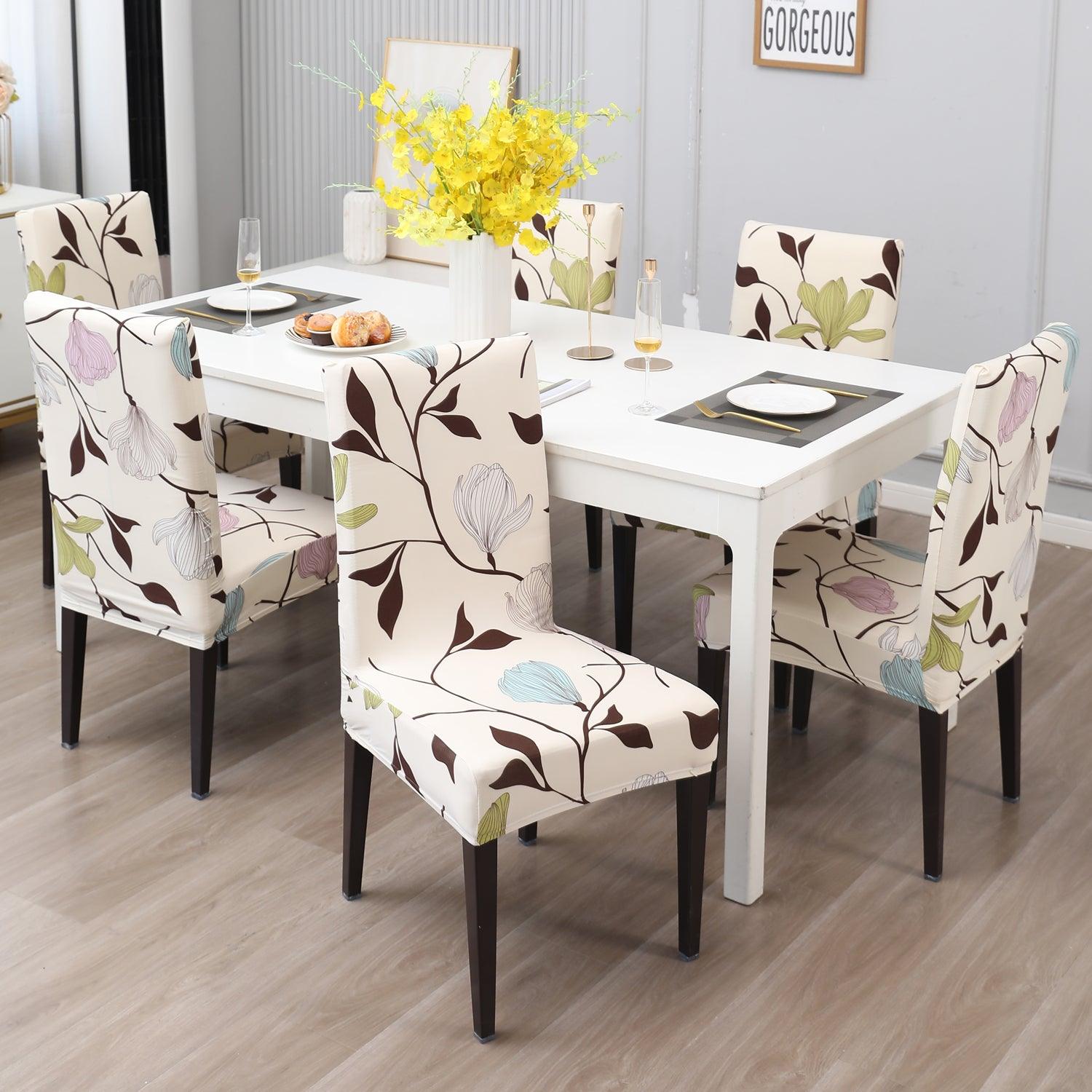 Beige Brown Leaves print dining chair covers Set | Hokipo