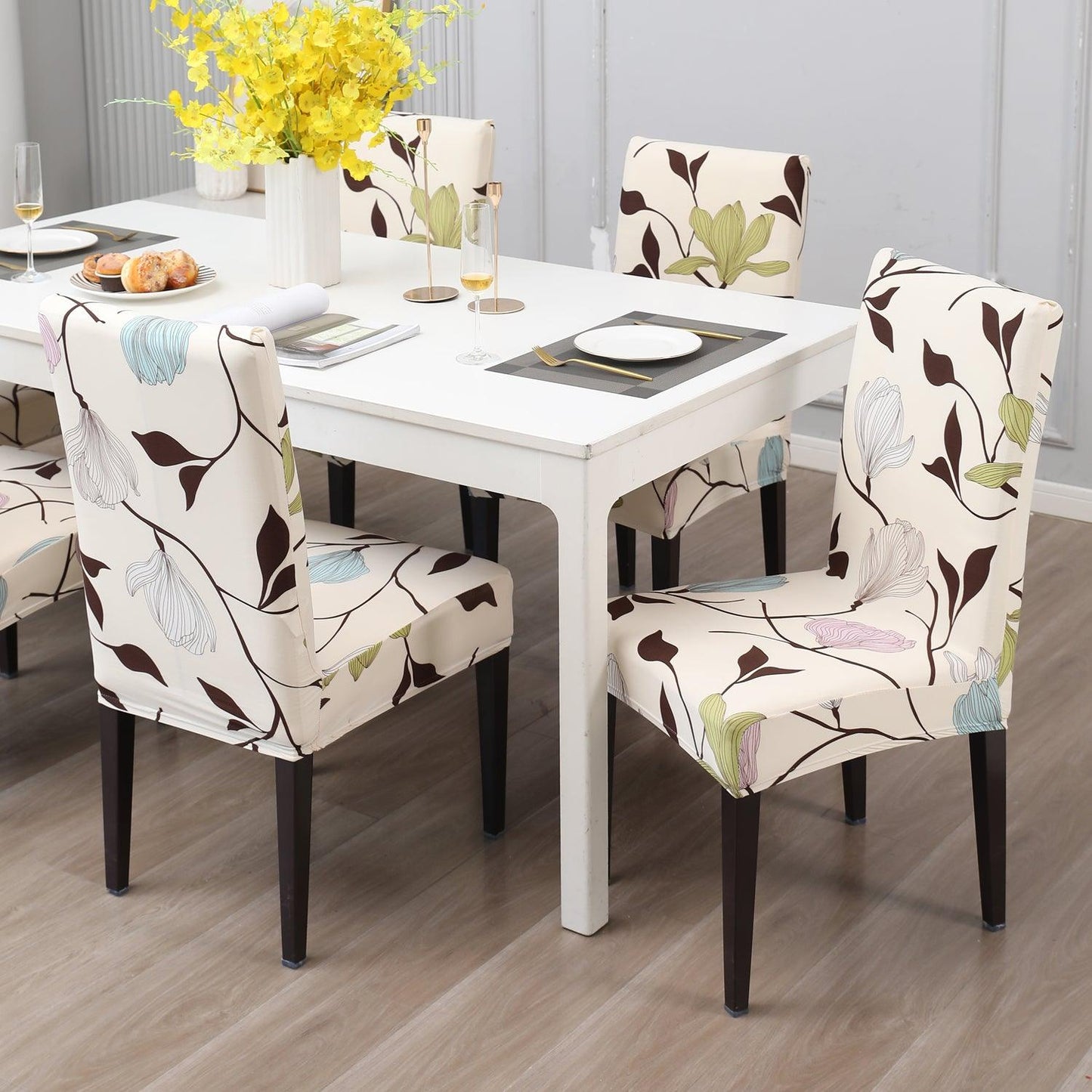 Beige Brown Leaves print chair covers for dining chairs | Hokipo