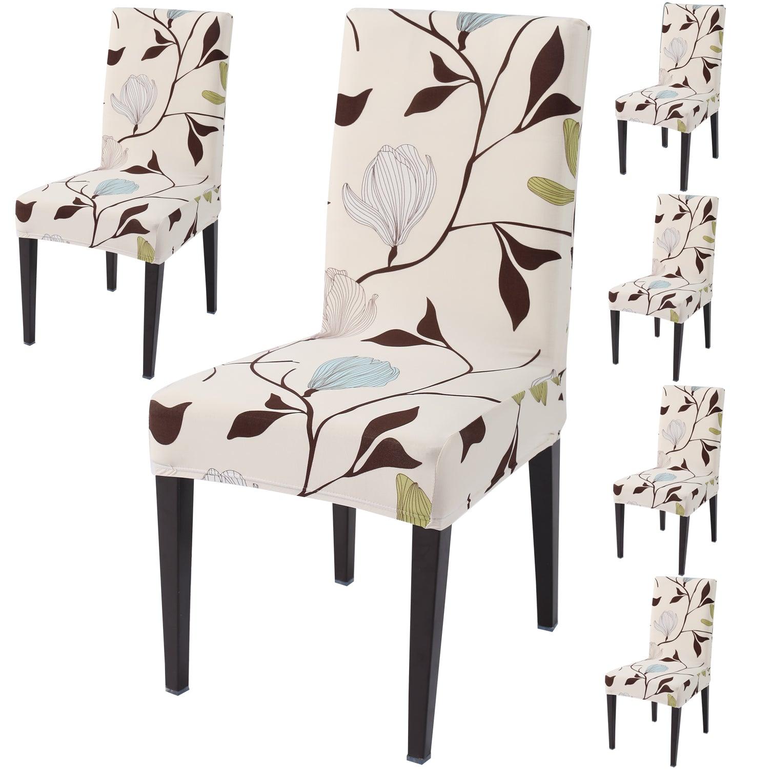 Beige Brown Leaves print dining chair covers set of 6 | Hokipo