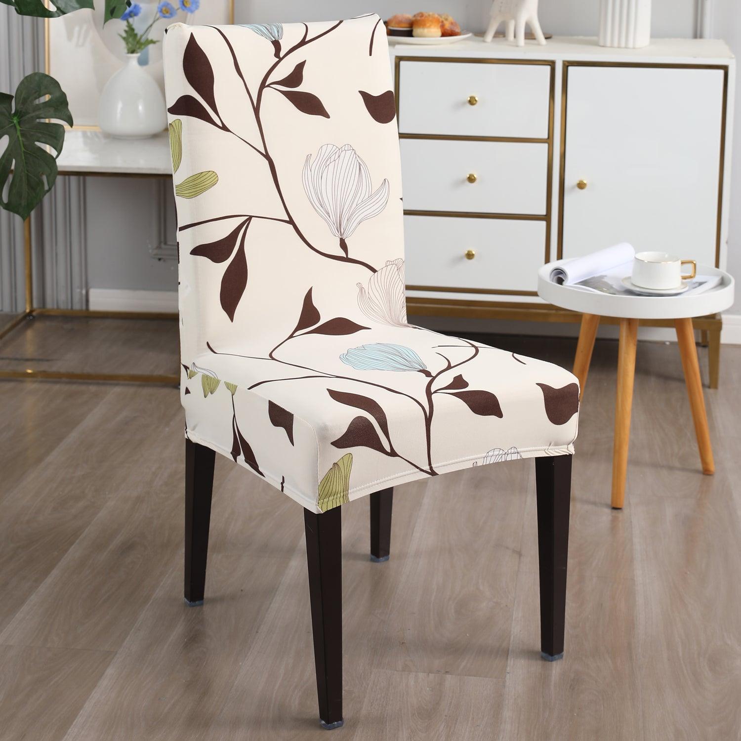 Beige Brown Leaves print chair covers Set | Hokipo