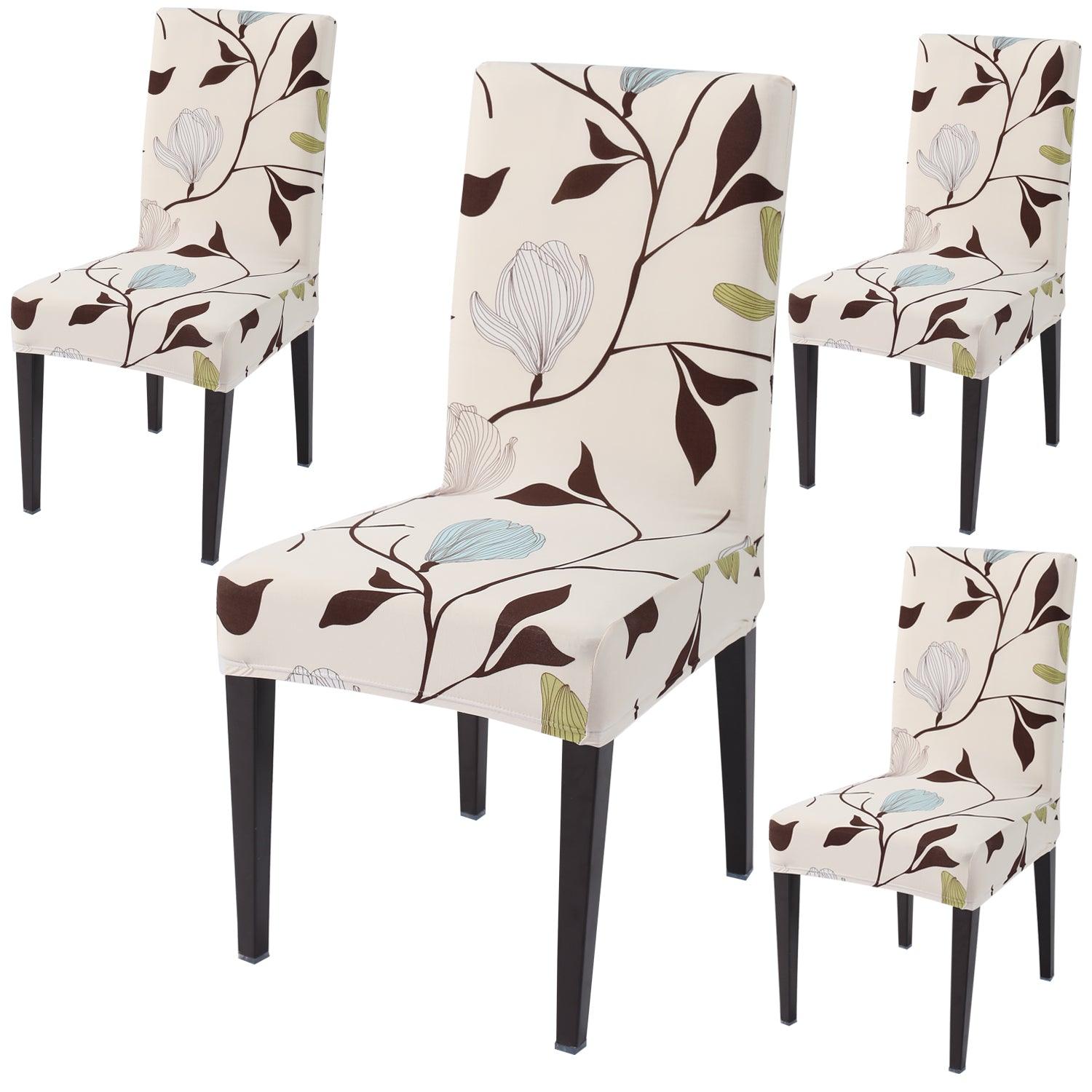 Beige Brown Leaves print dining chair covers set of 4 | Hokipo