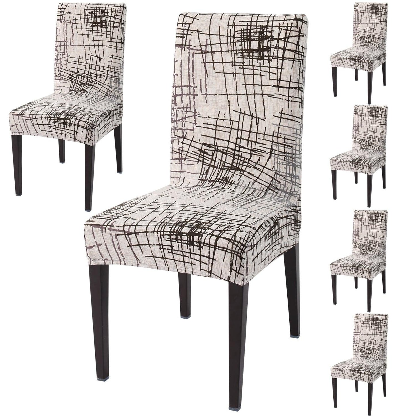 Beige Brown Line print dining chair covers set of 6 | Hokipo